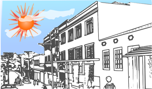 Image Of Red Sun Over Town Clipart