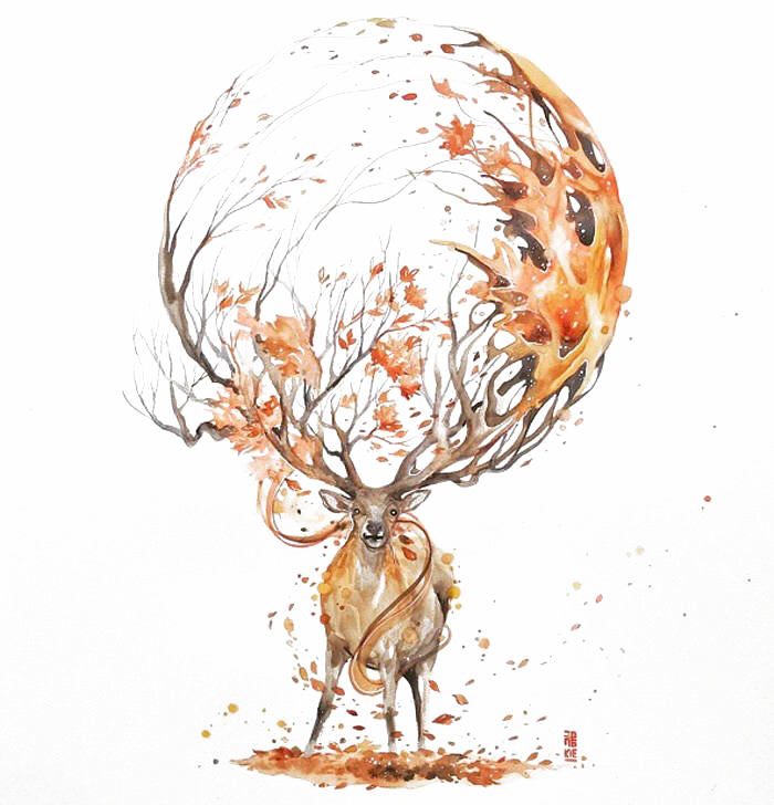 Autumn Deer Illustration Watercolor Painting Drawing Clipart
