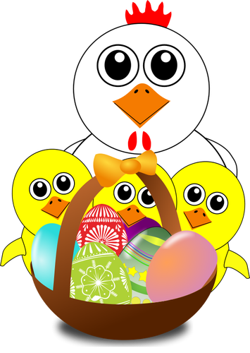 Chicken And Chicks Behind Easter Eggs Basket Clipart