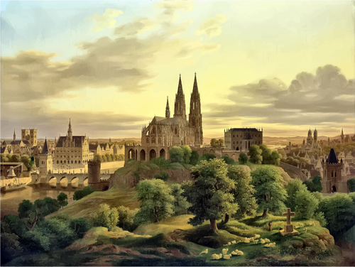 Drawing Of Medieval Town Panorama In Color Clipart