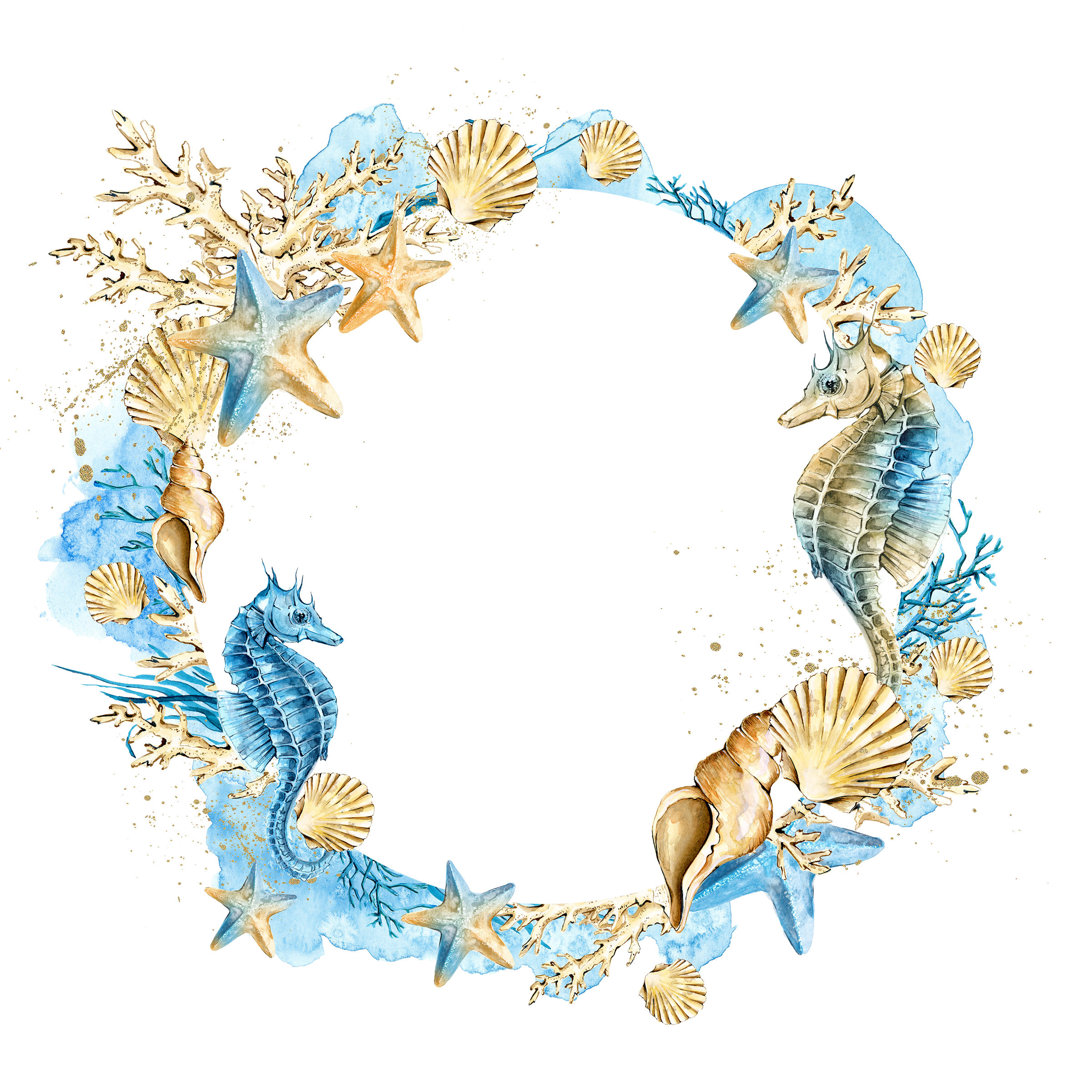 Wreath Starfish Shells Seashell Wedding Watercolor Invitation Clipart