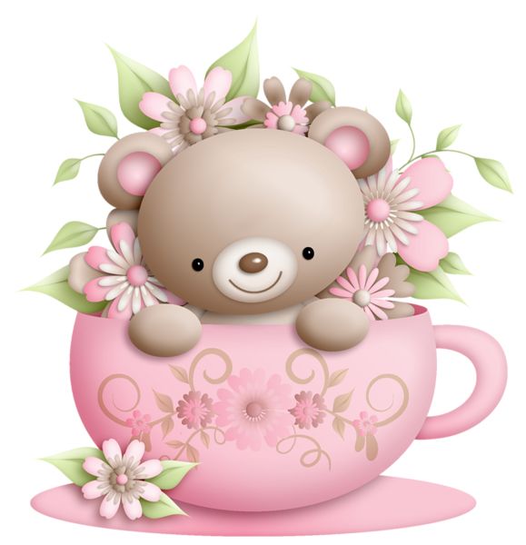 Teddy Bear Cup And Teddy With Flowers Clipart