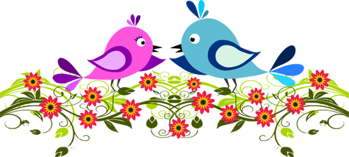 Image Of Two Cute Birds Winging Among Flowers Clipart