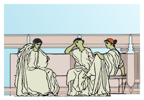 Of Women In Flowing Robes Sitting Under Roman Arches Clipart