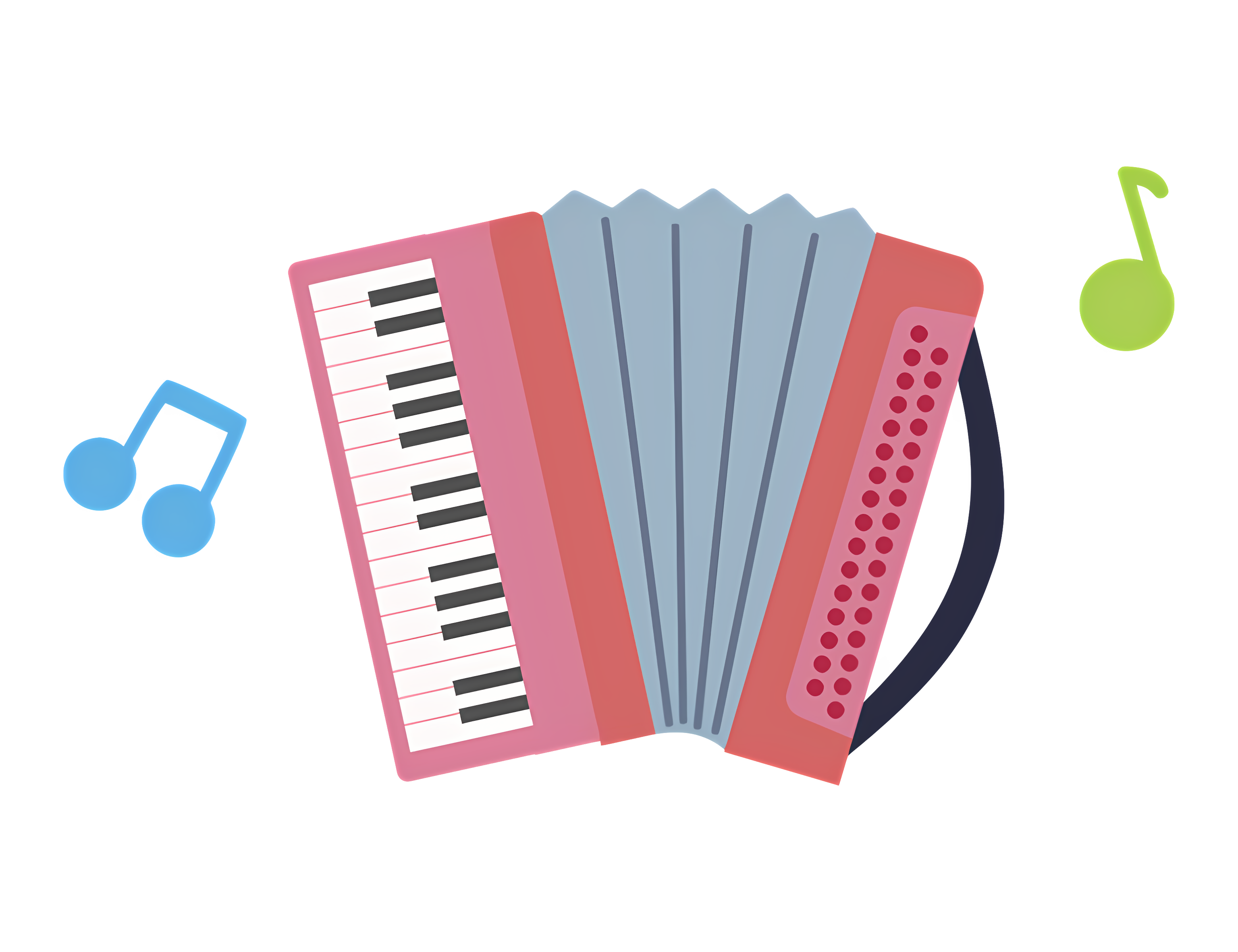 Person playing pink accordion, colorful music notes surround Clipart