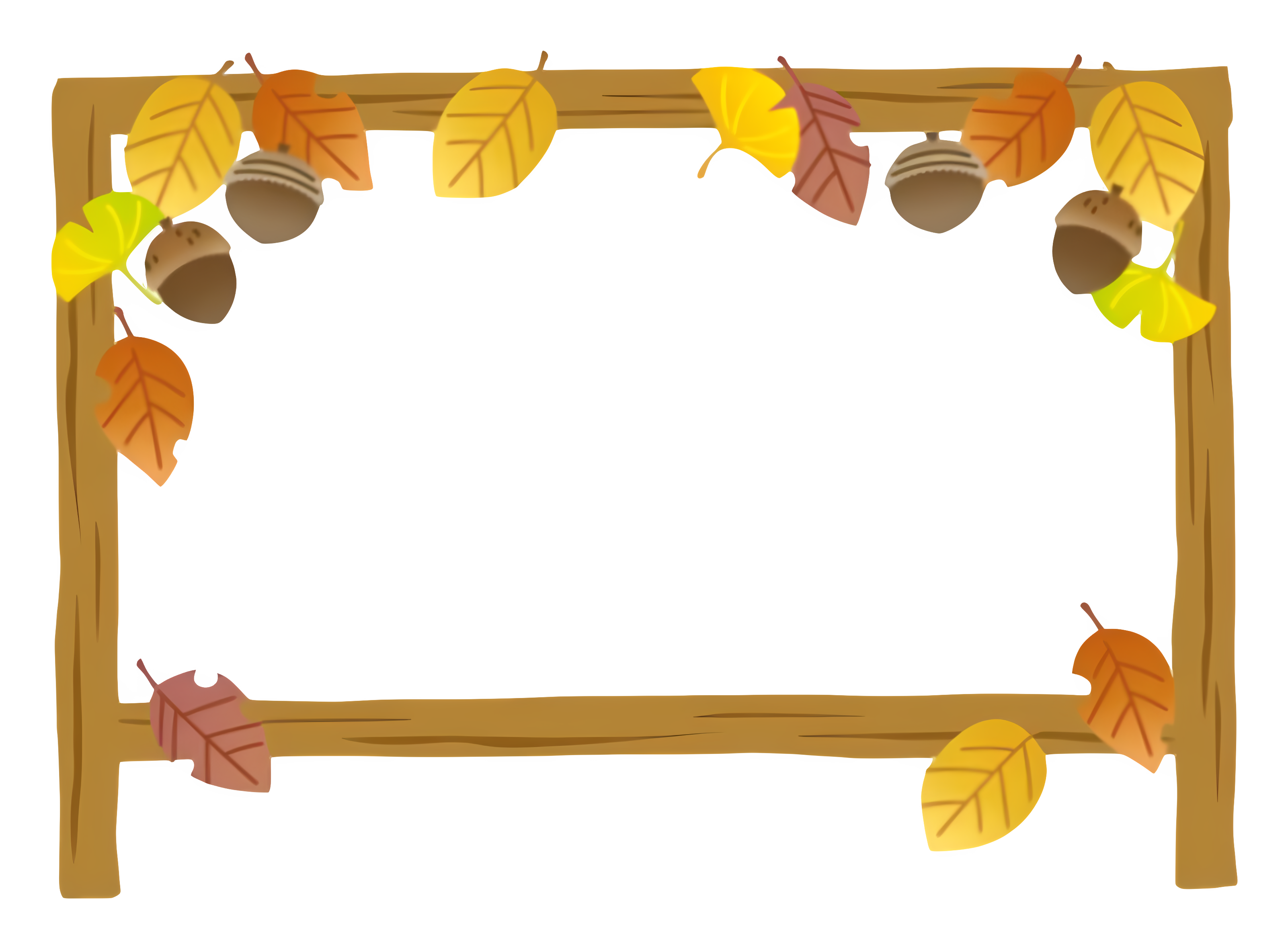 A wooden frame with leaf and acorn autumn decorations Clipart