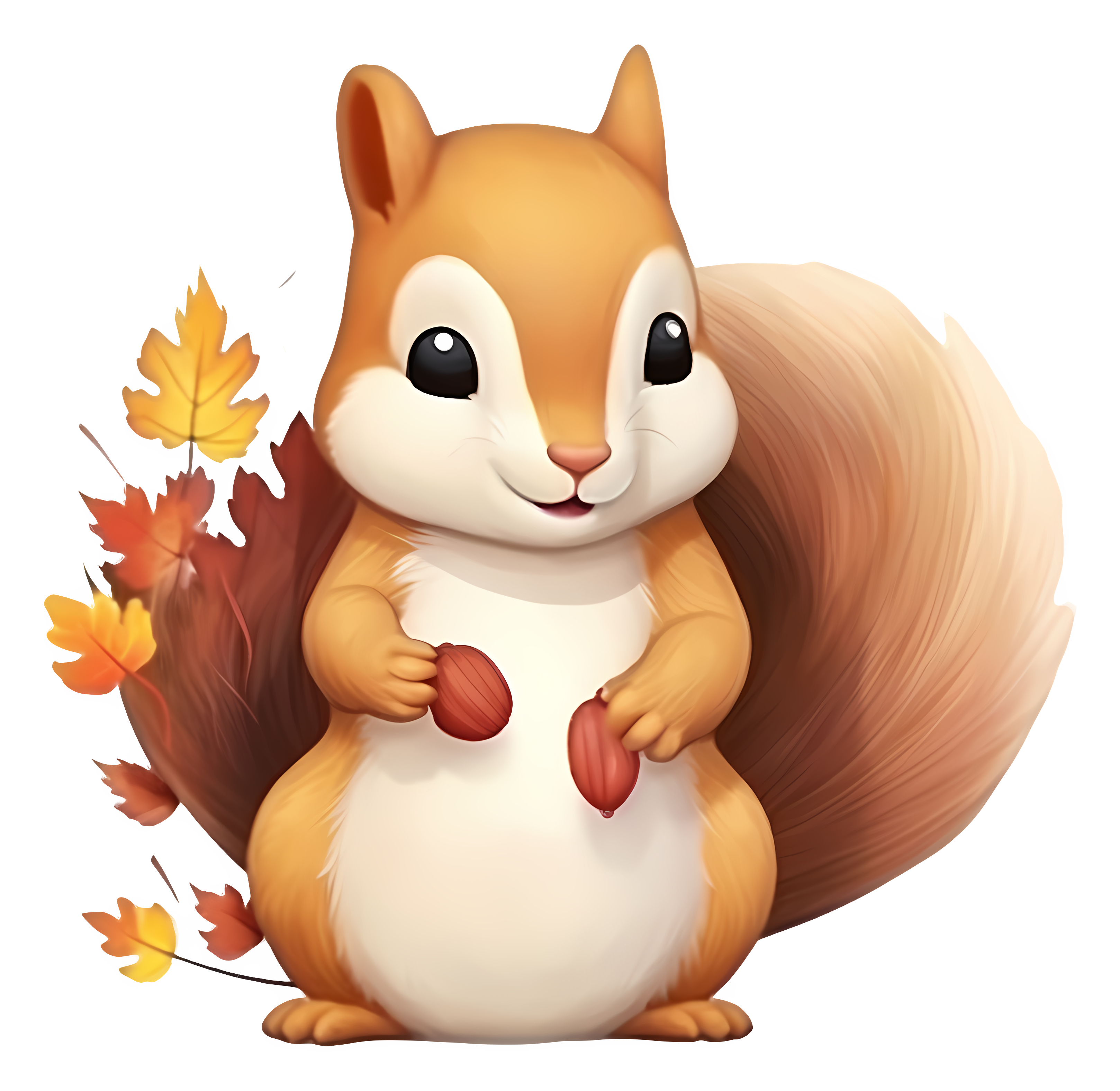 Friendly squirrel holding acorn amidst fall leaves Clipart