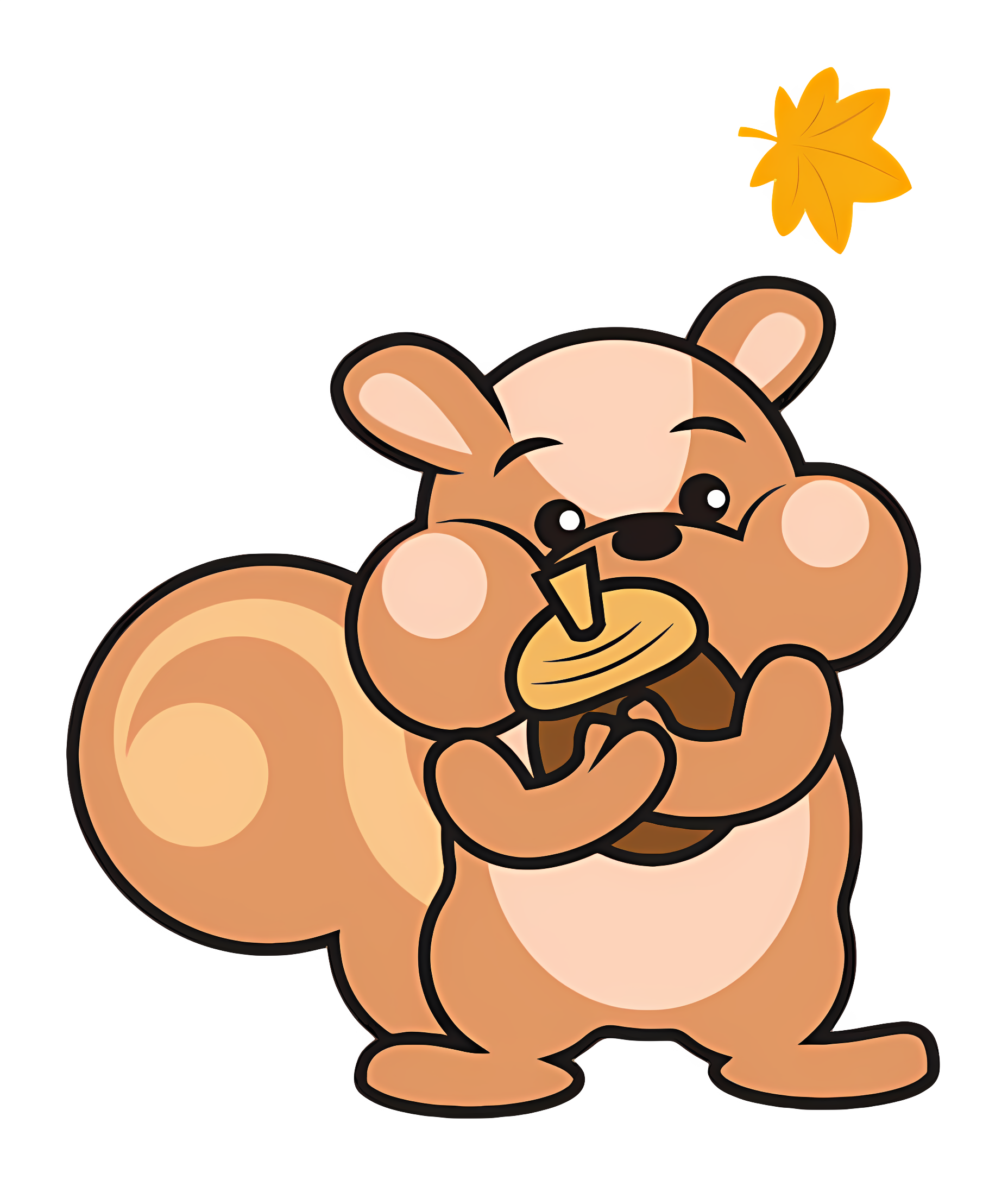 Happy squirrel holding acorn and leaf; monochrome Clipart