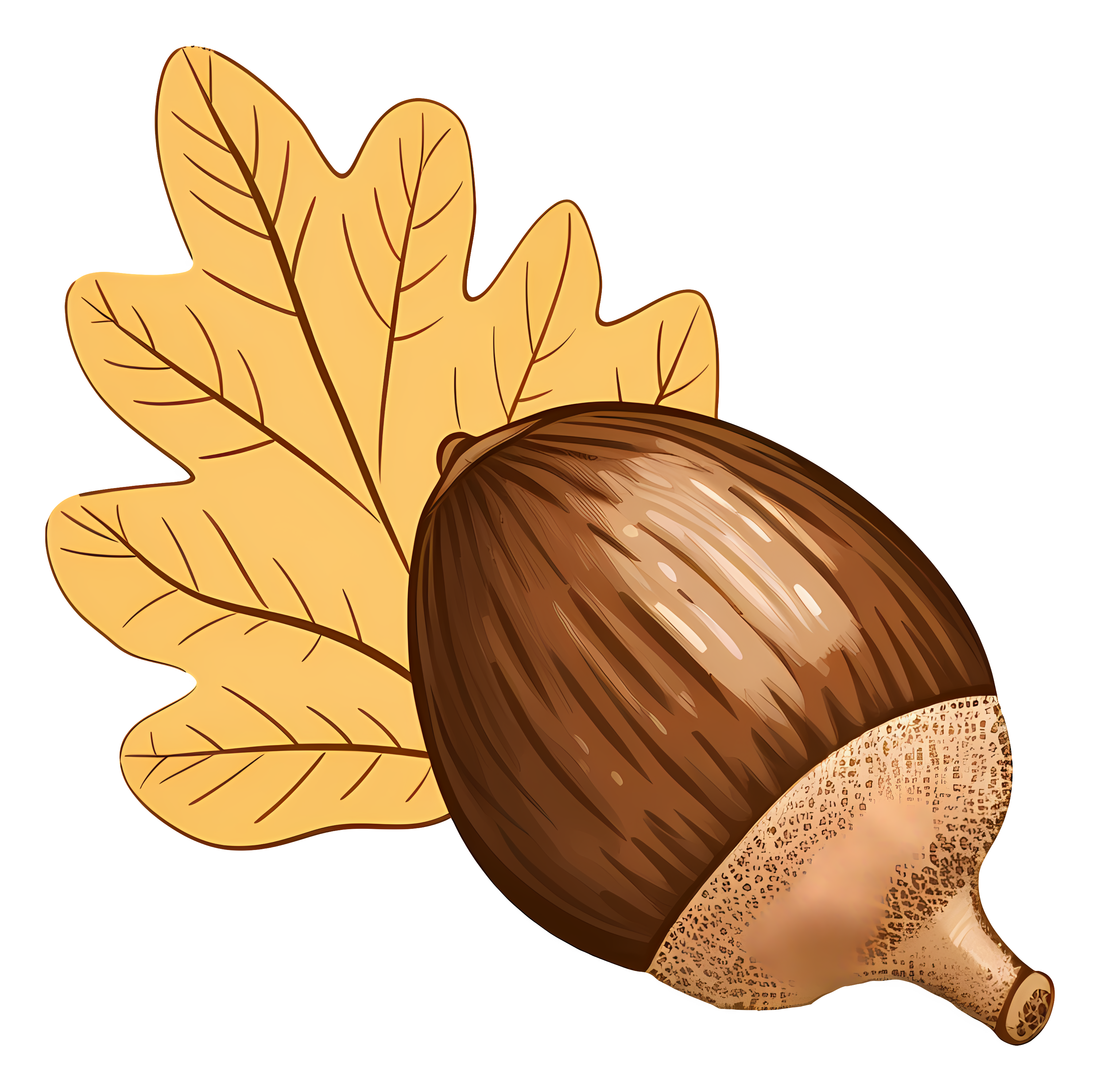 Brown acorn with golden leaves on black background Clipart