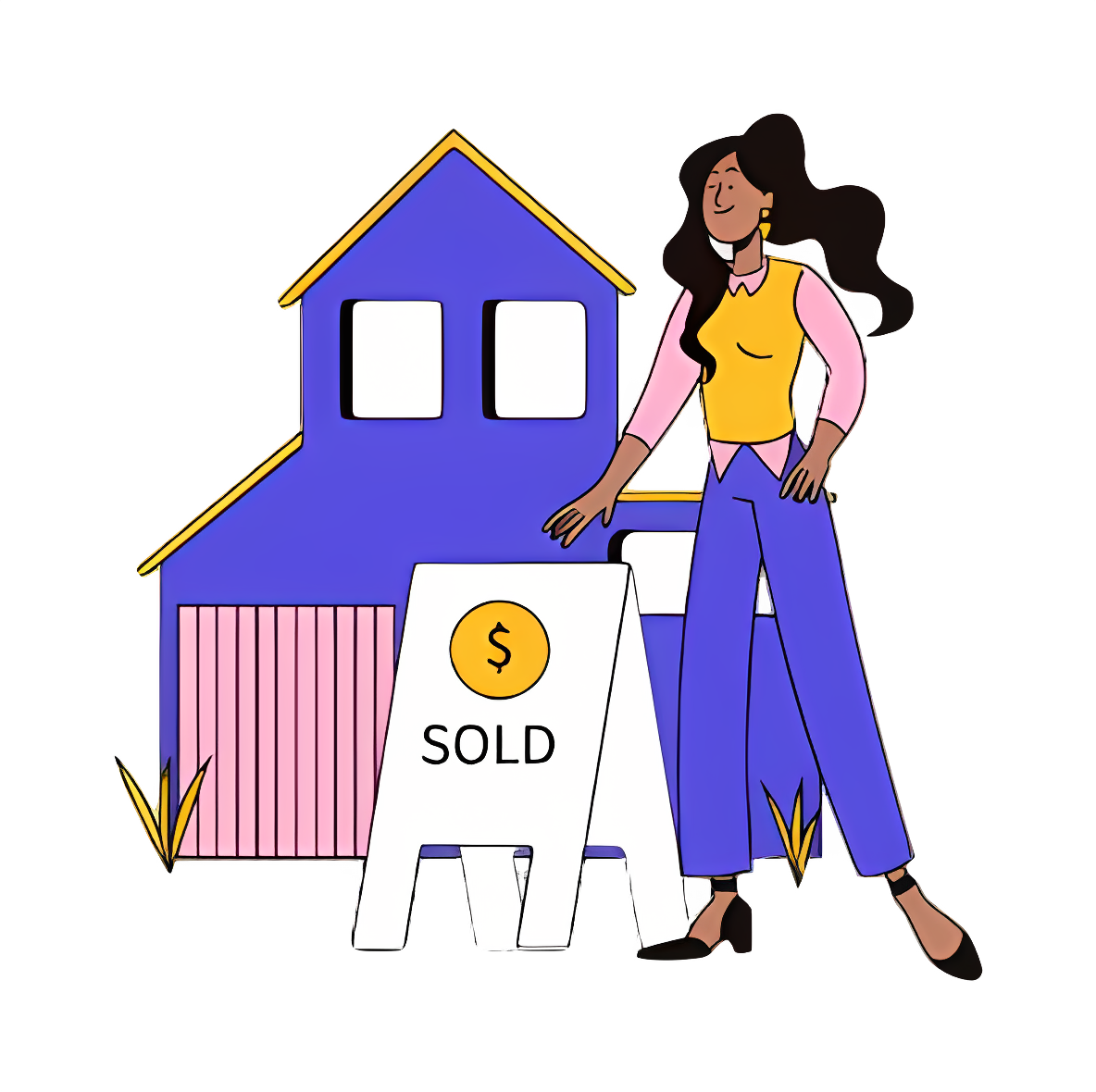 Woman smiles with sold sign in front Clipart