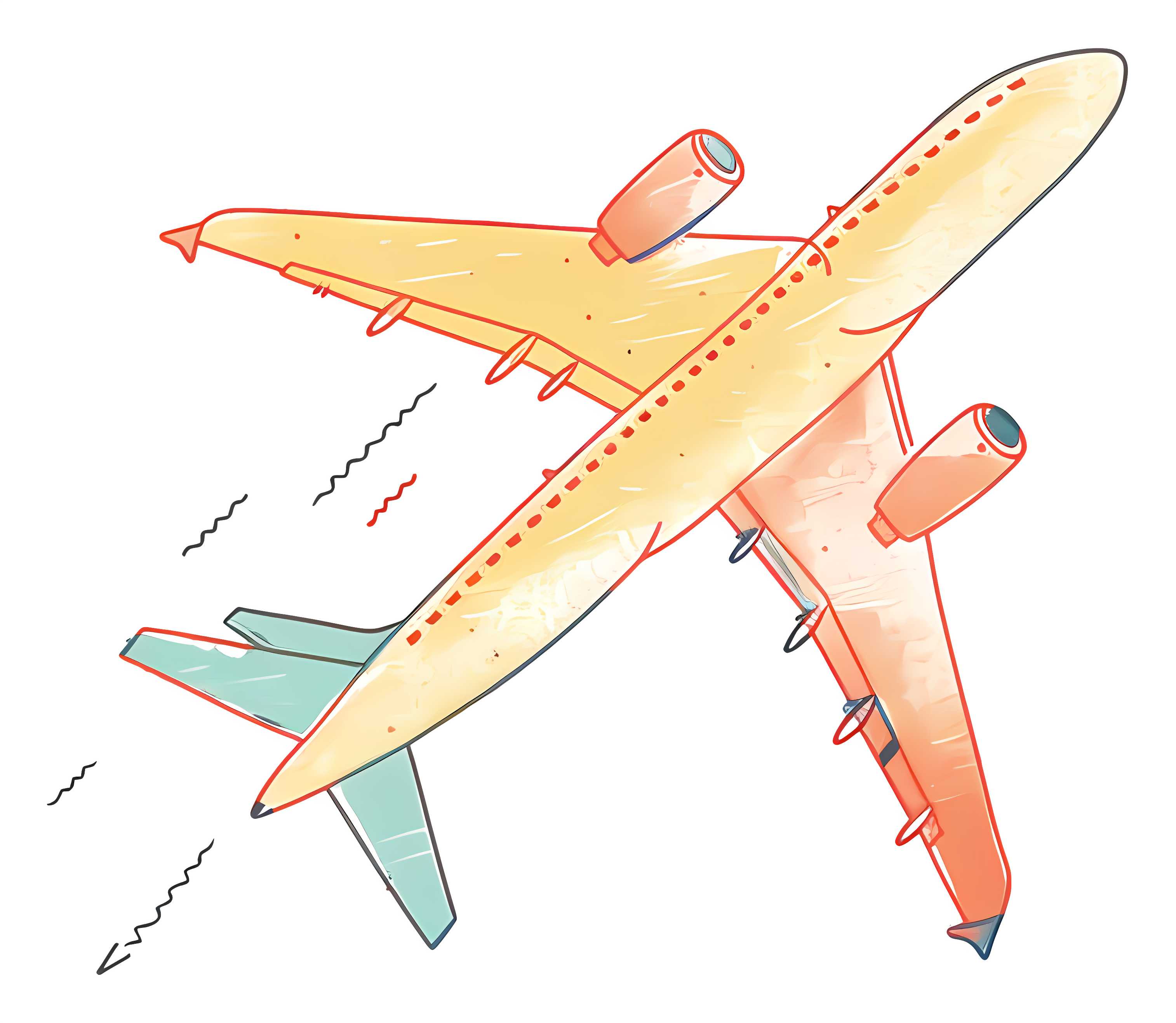 Airplane with wing flaps down in sunny sky Clipart