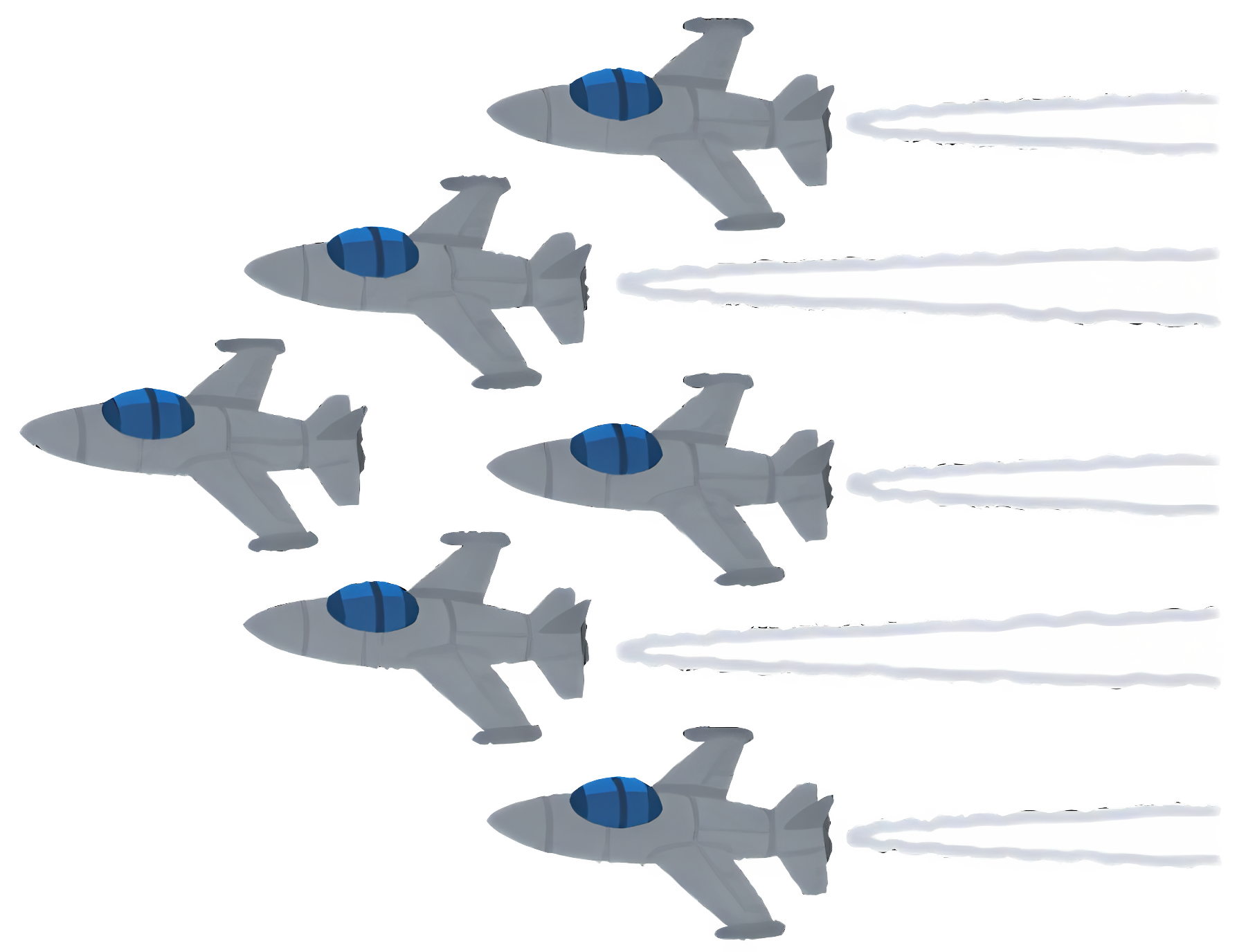 Five fighter jets in formation, painted white and blue, flying at an angle Clipart