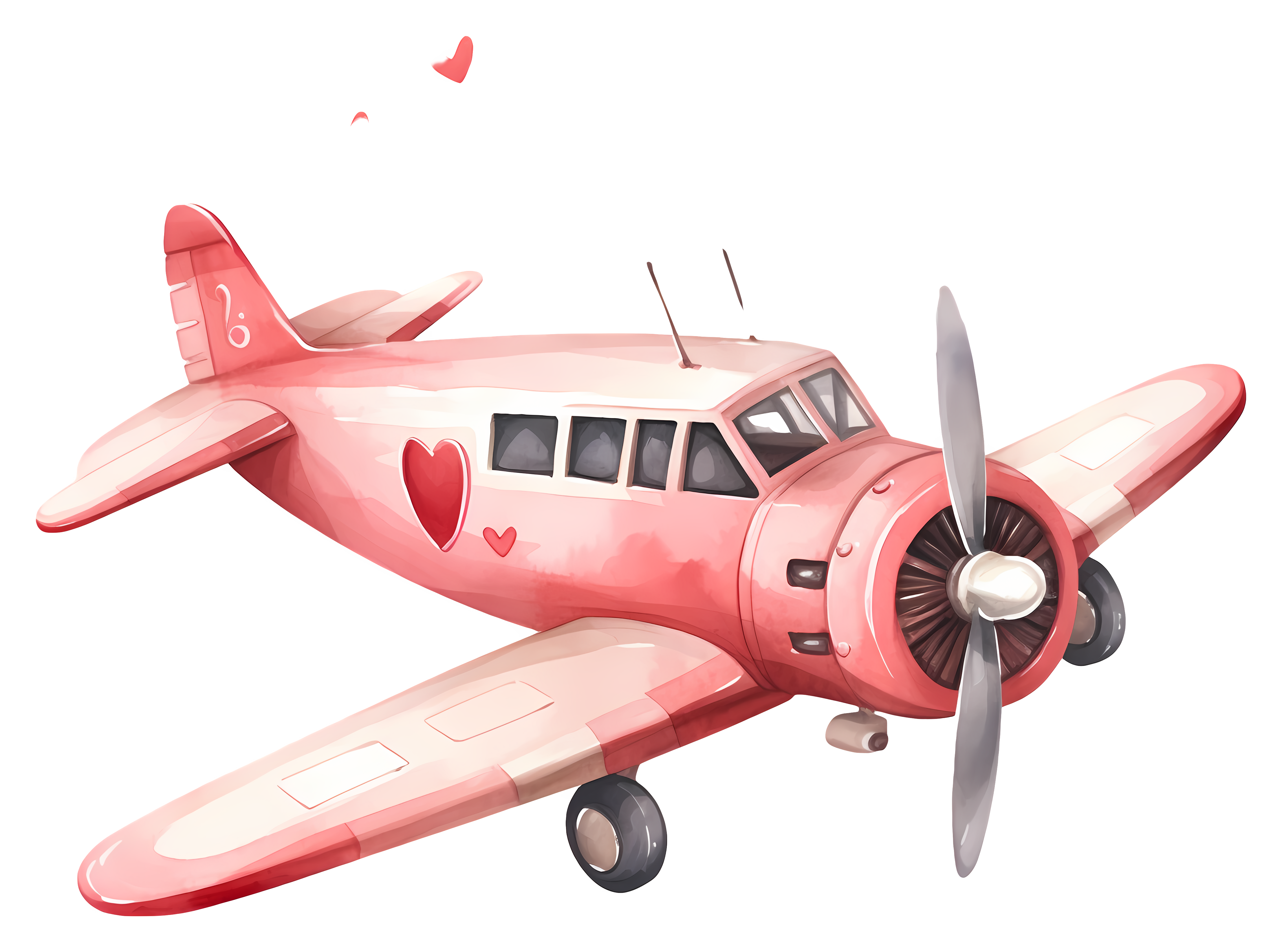 Cartoon pink plane with heart, flying watercolor Clipart