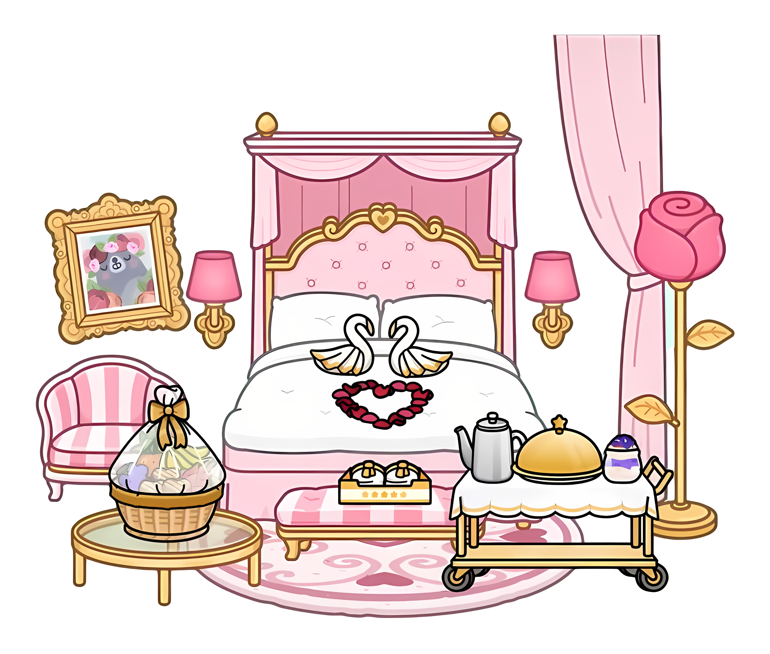 Pink bedroom with white furniture and accessories Clipart