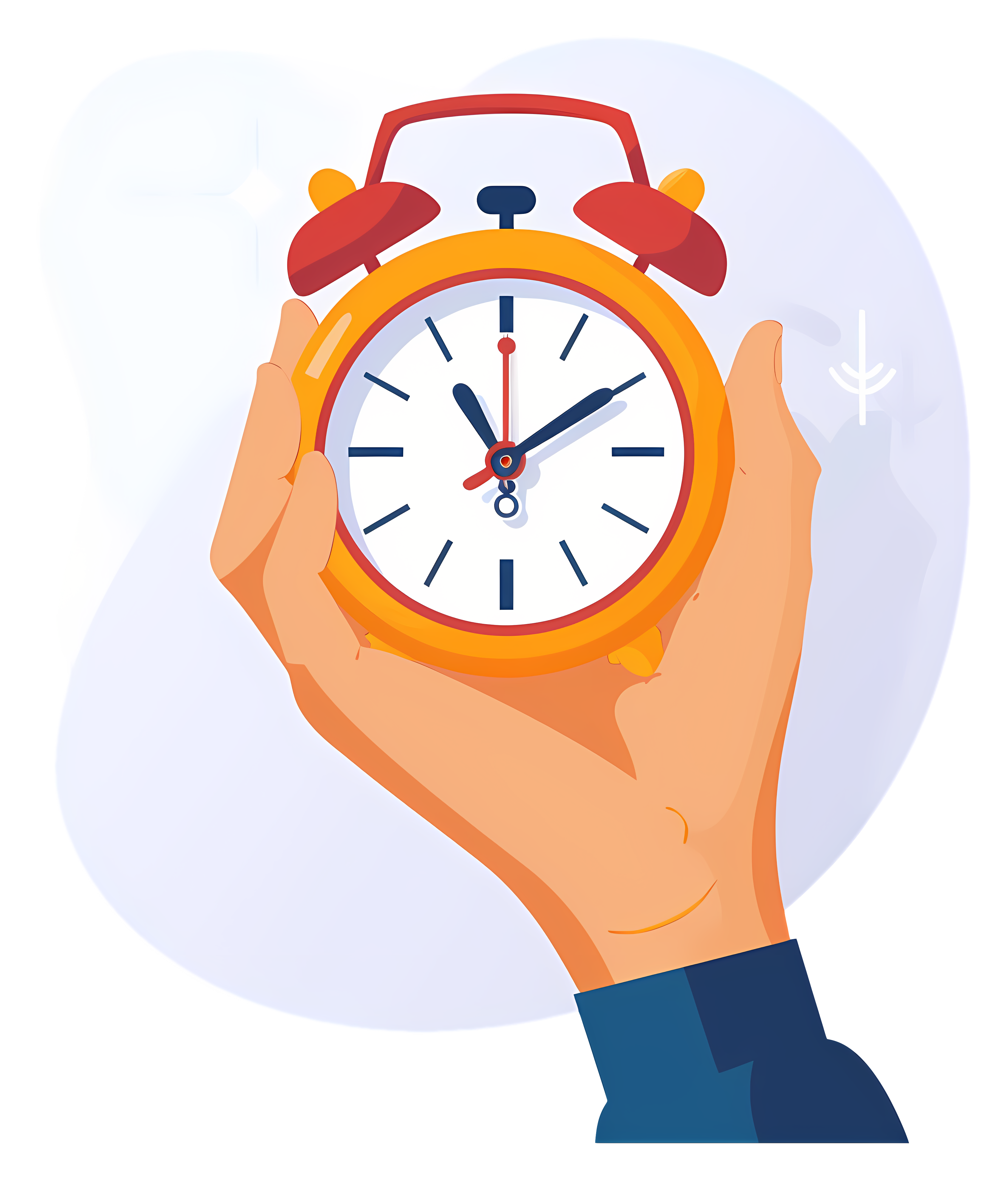 Person holding orange alarm clock at 12:00 Clipart