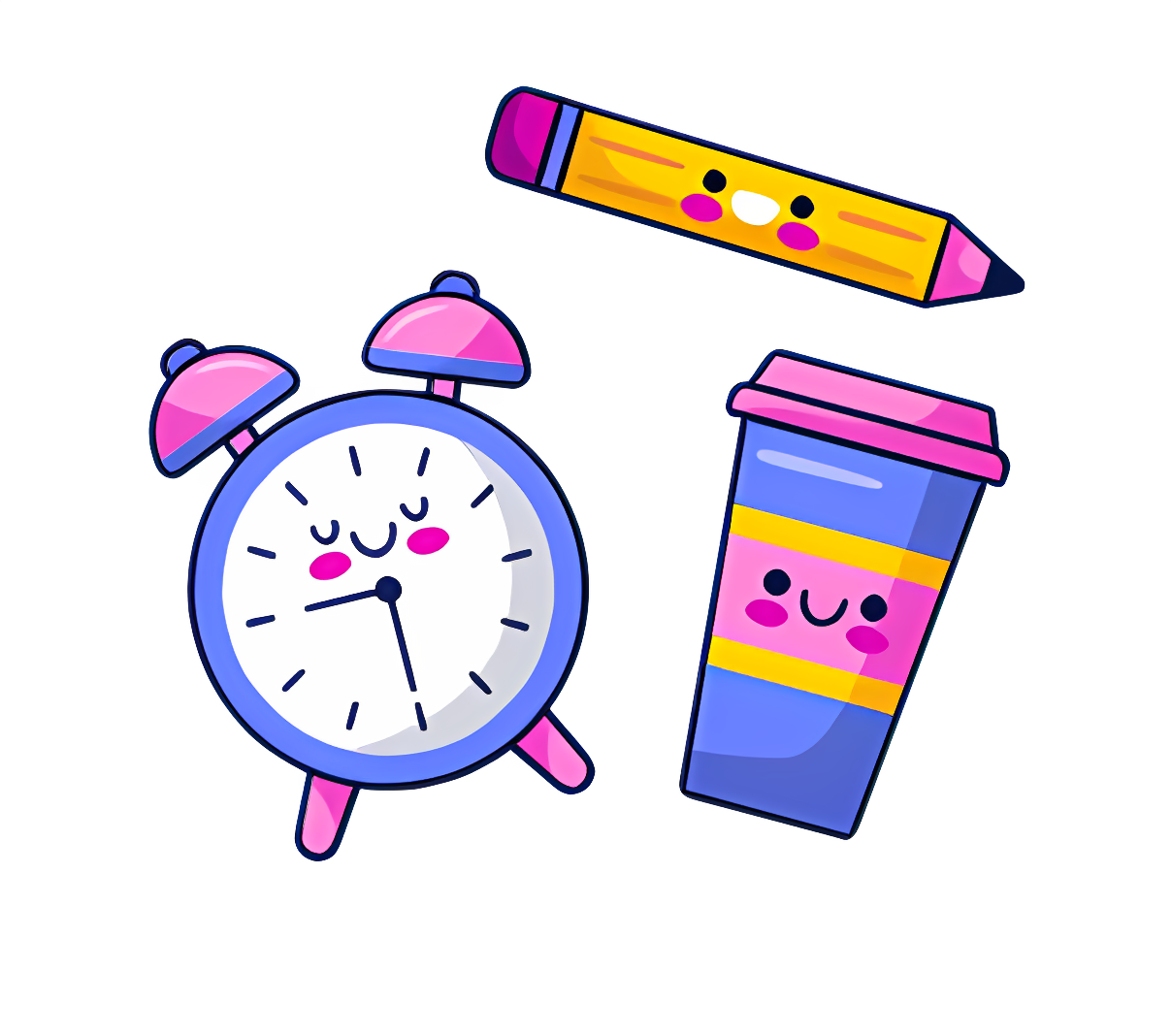 Smiley-faced items with coffee and alarm symbols Clipart