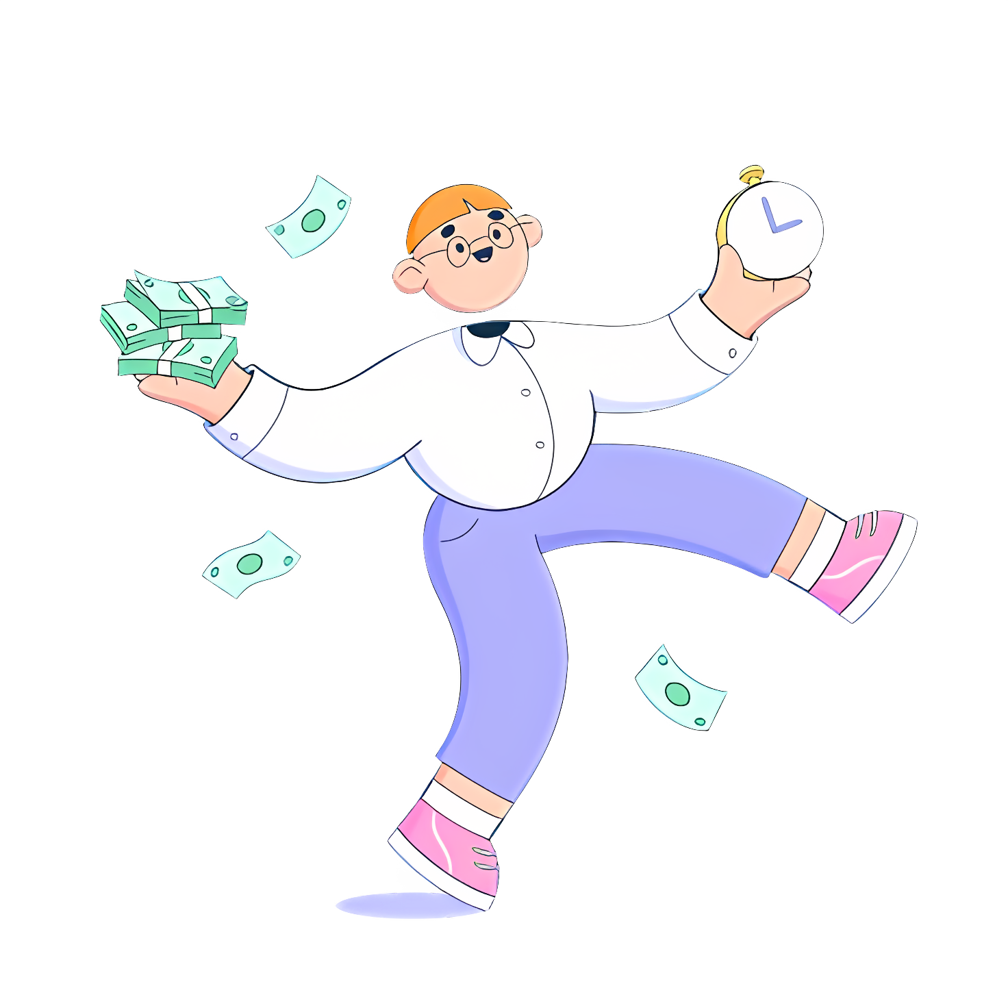 Person jumps happily with alarm clock, money Clipart