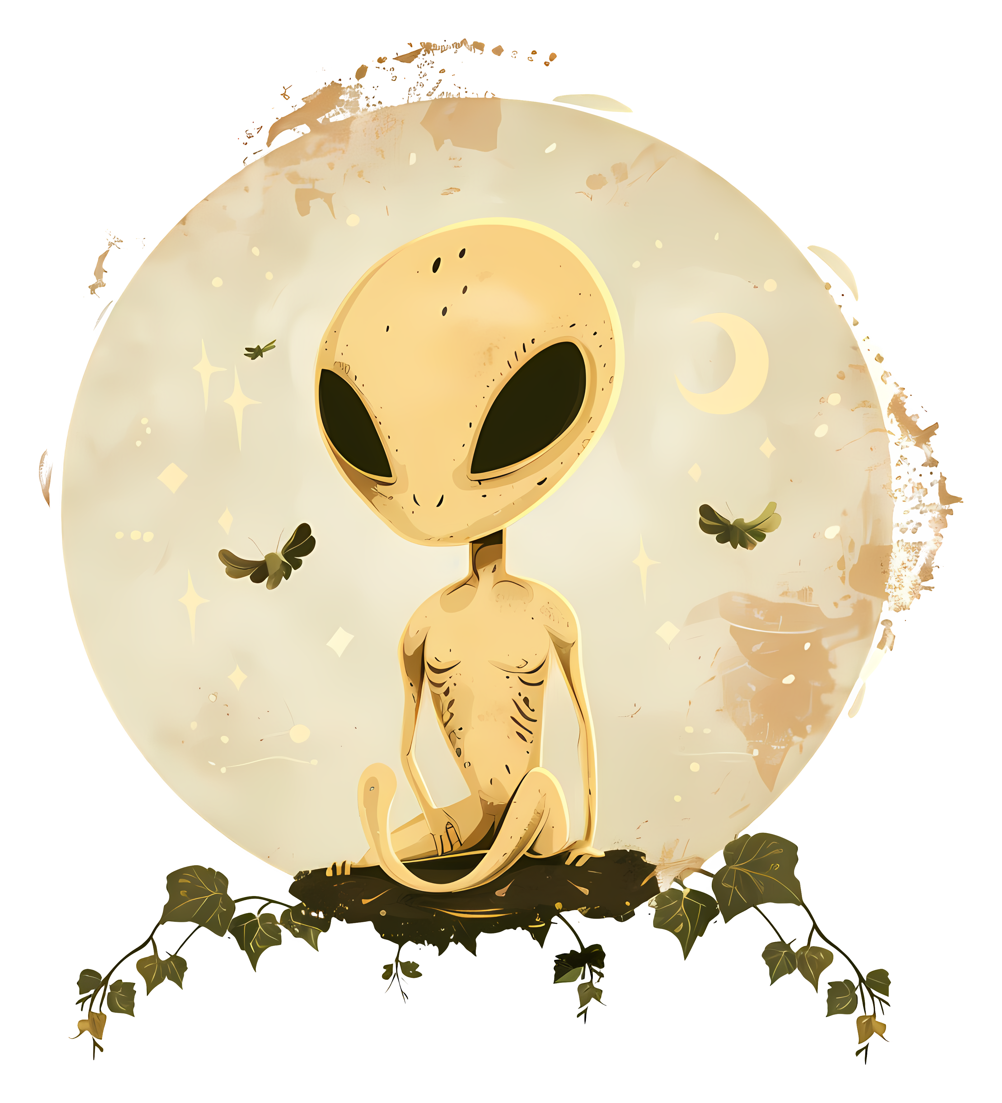 Alien meditating on full moon in foggy night Clipart