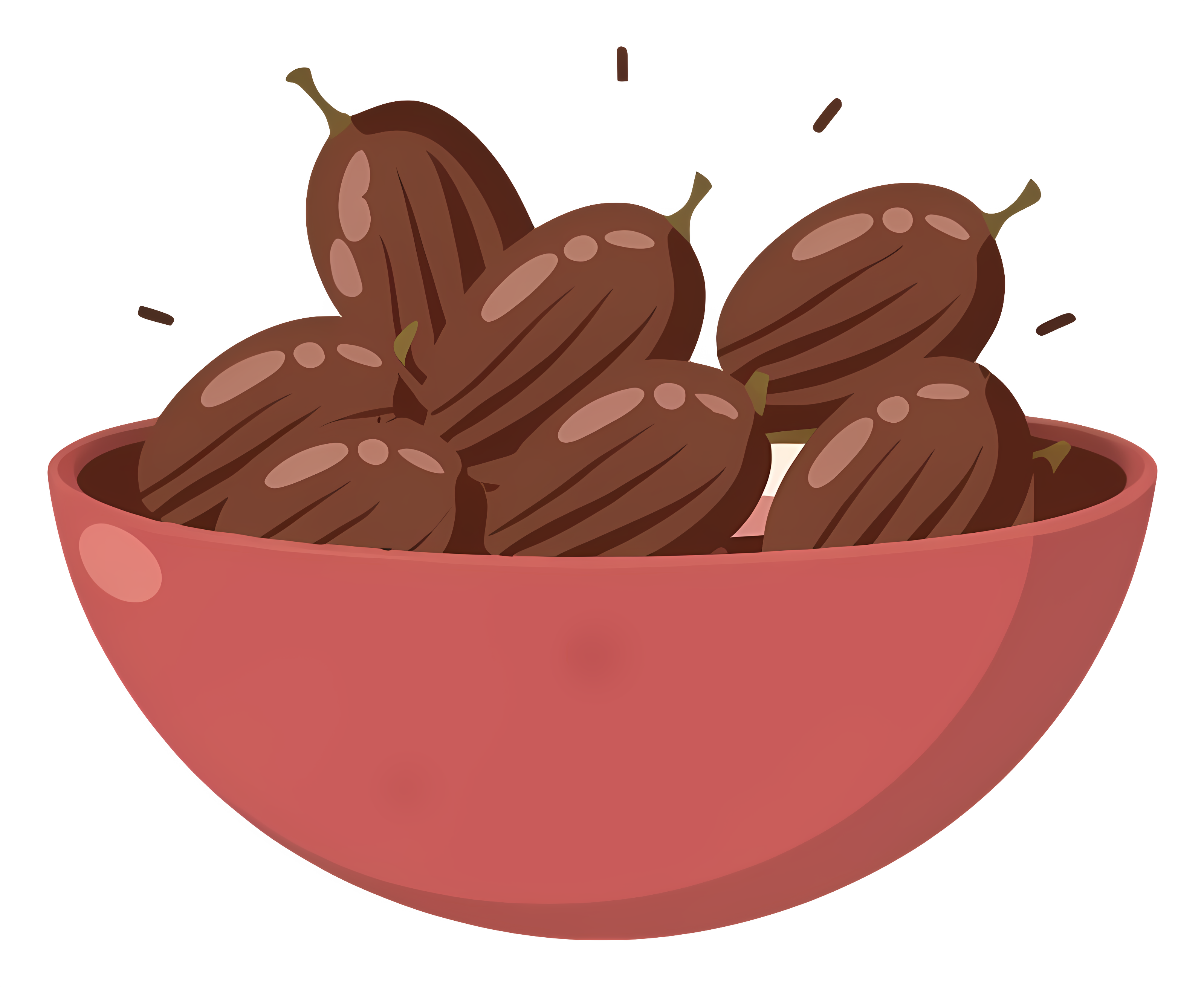 Black and white image of chocolate almonds in red clay bowl Clipart