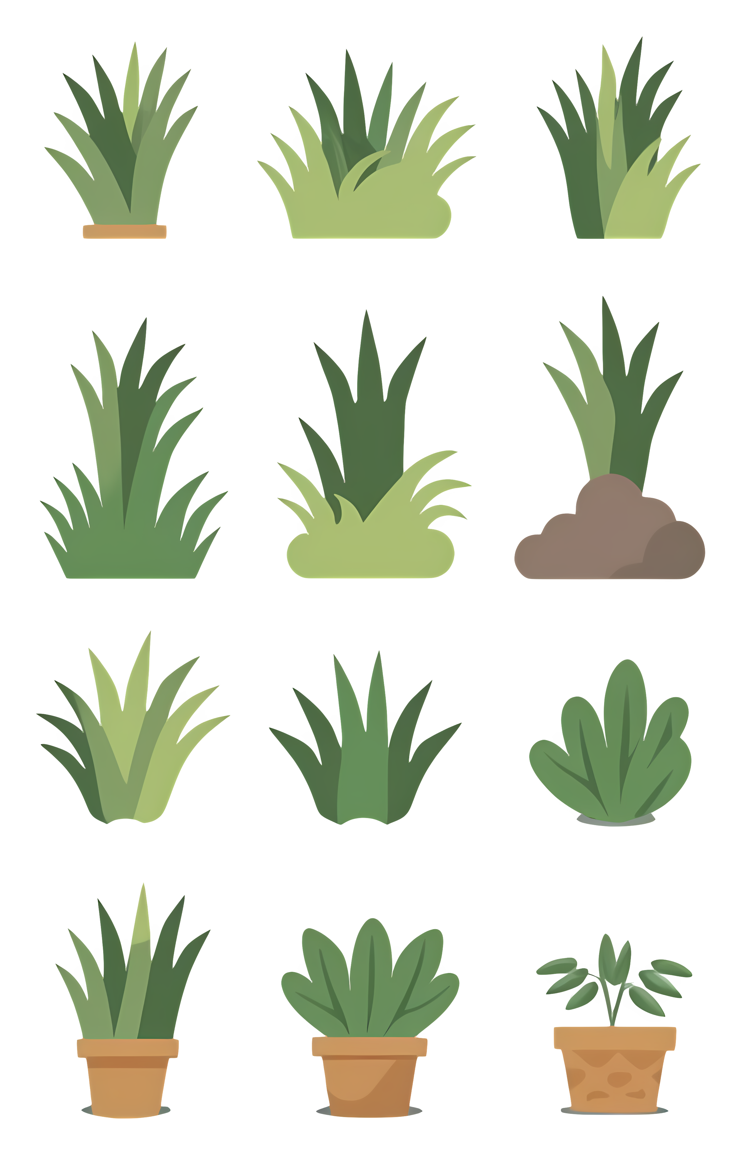 Various green and brown plants in planters Clipart