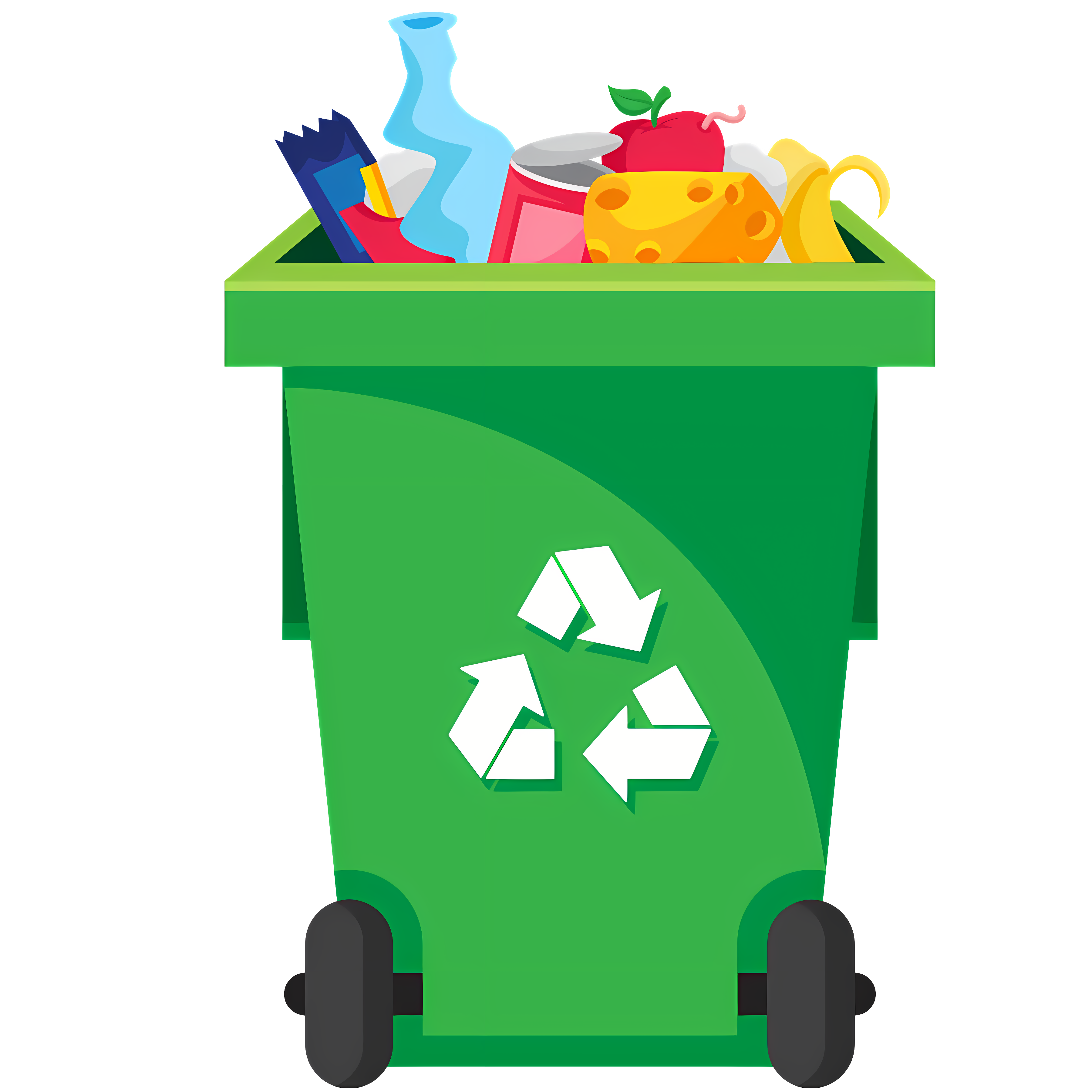 Organized green trash can with recyclables Clipart