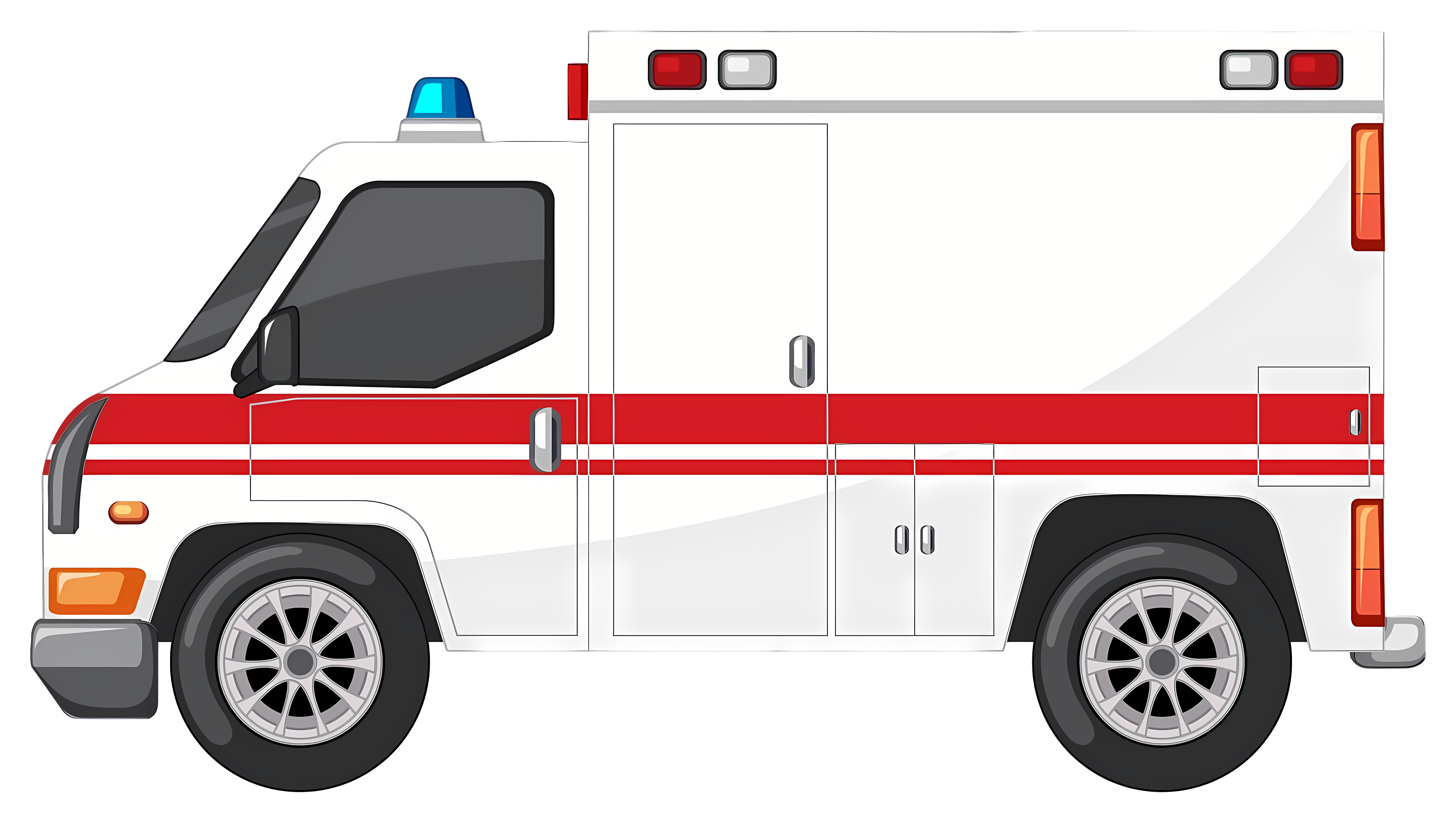 White ambulance with red stripes, flashing light, siren Clipart