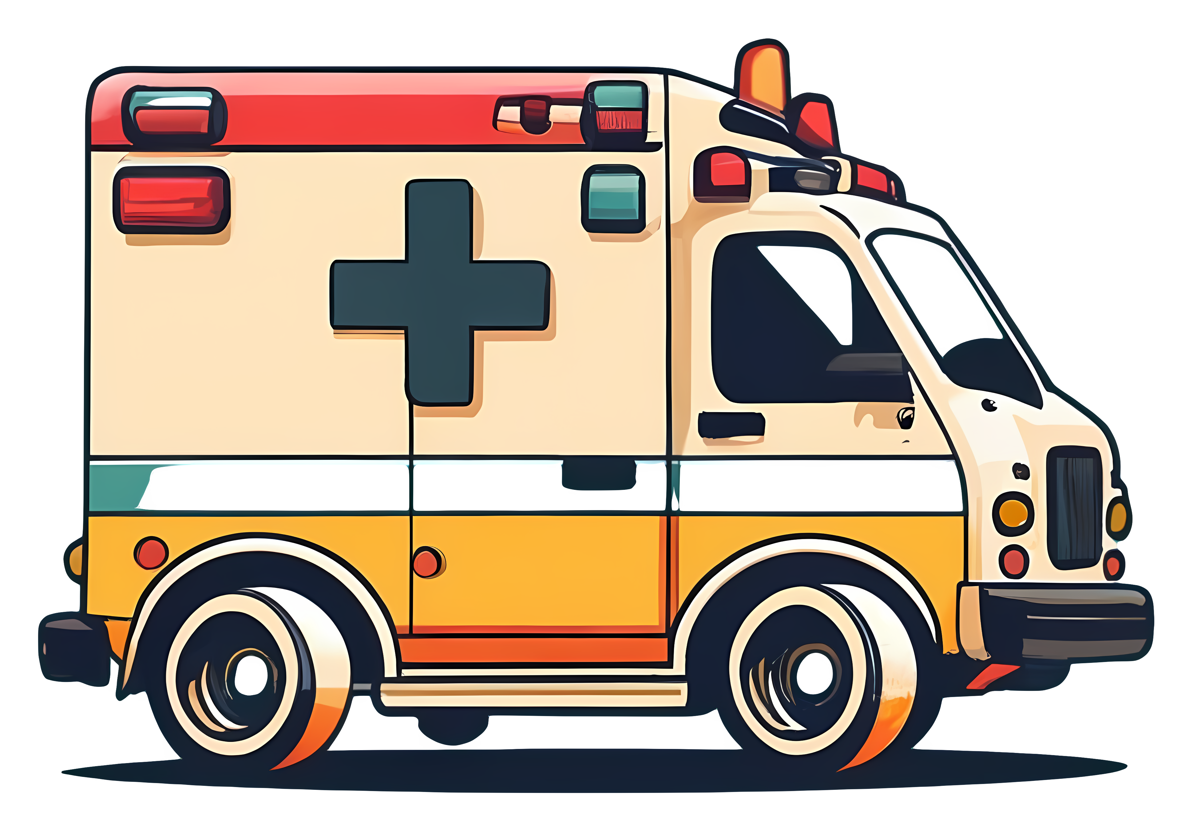 White ambulance with red cross, flashing lights Clipart
