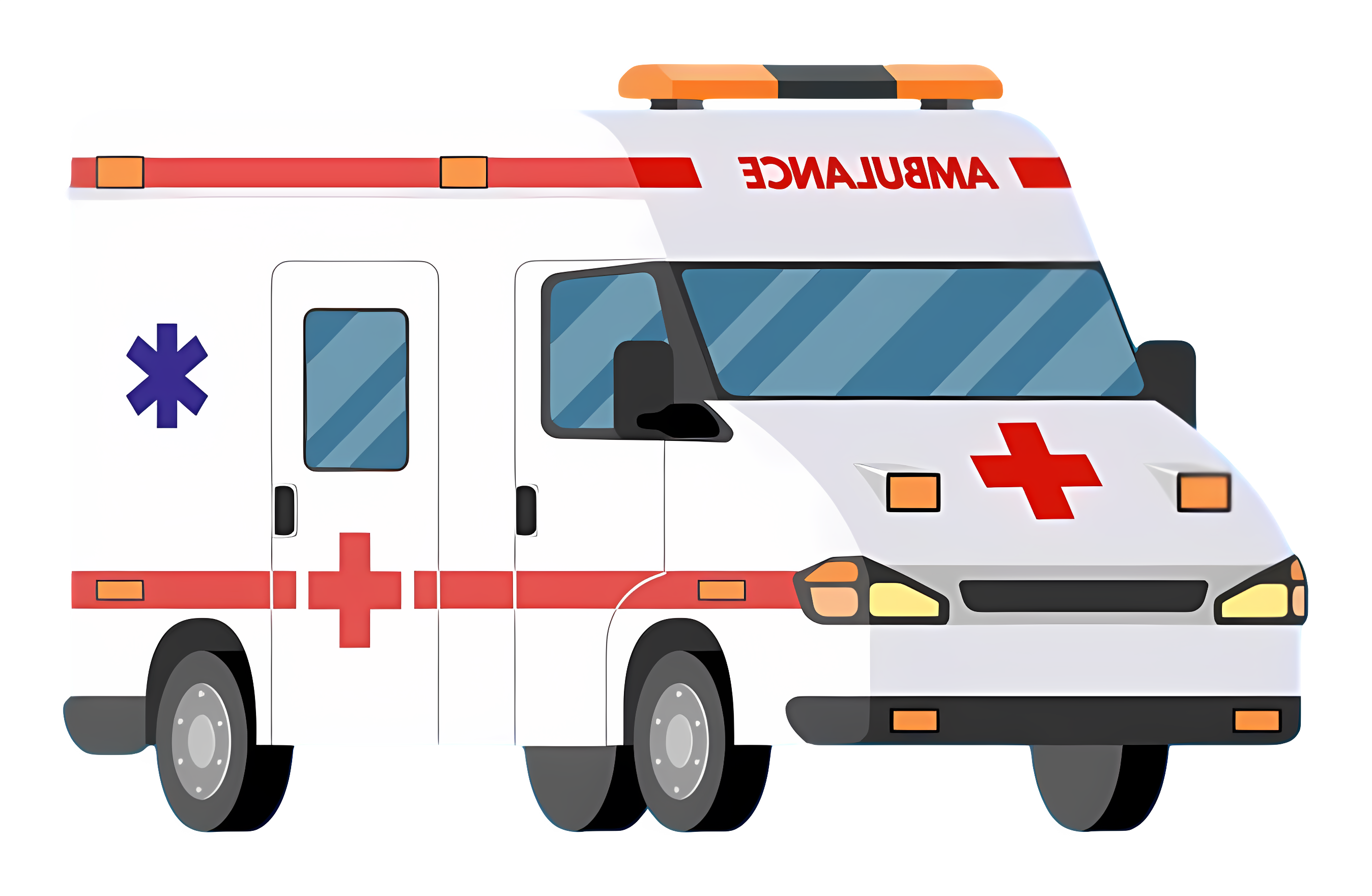 White ambulance with flashing lights and patient Clipart