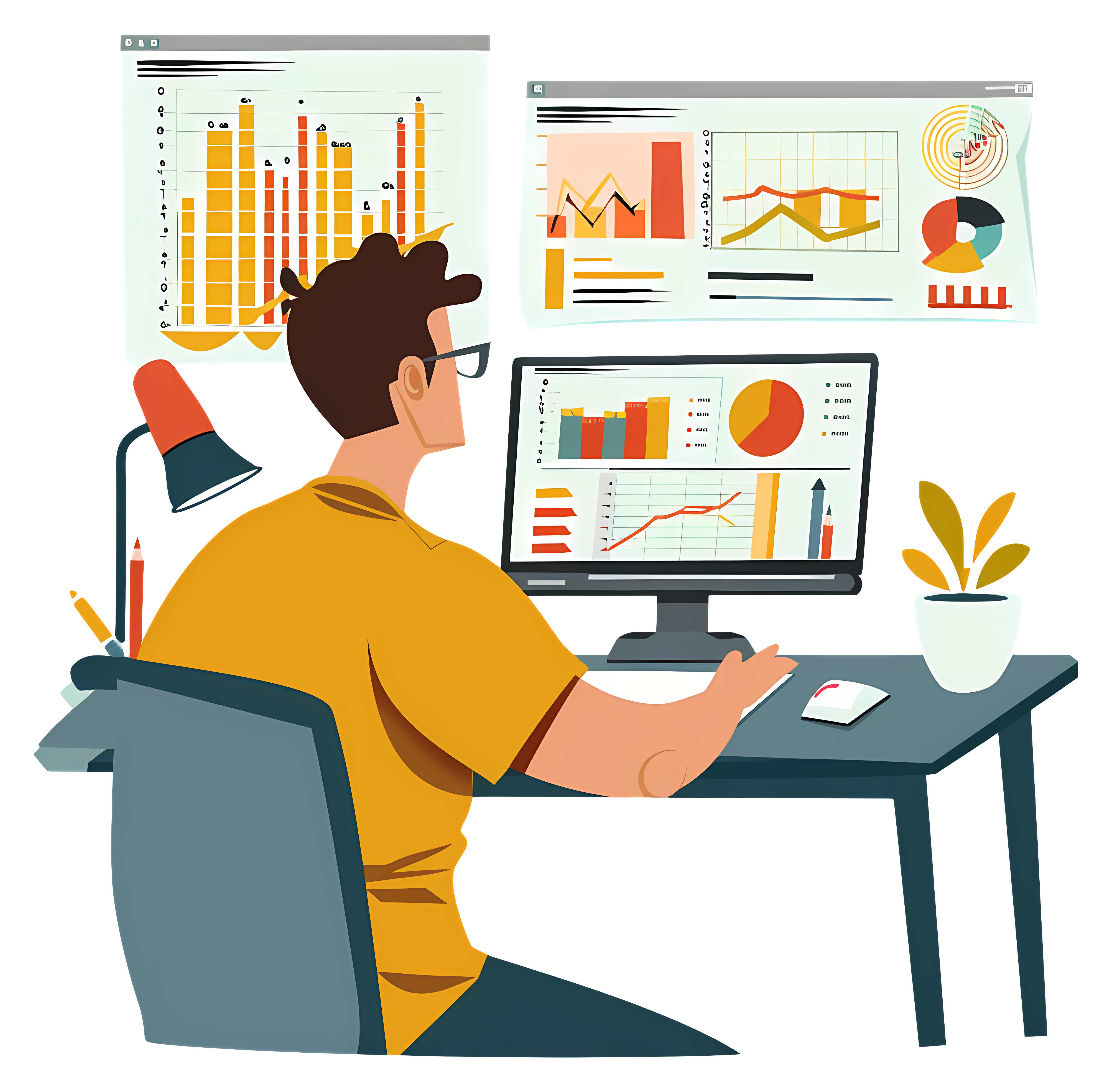 Financial analyst at desk analyzing data Clipart