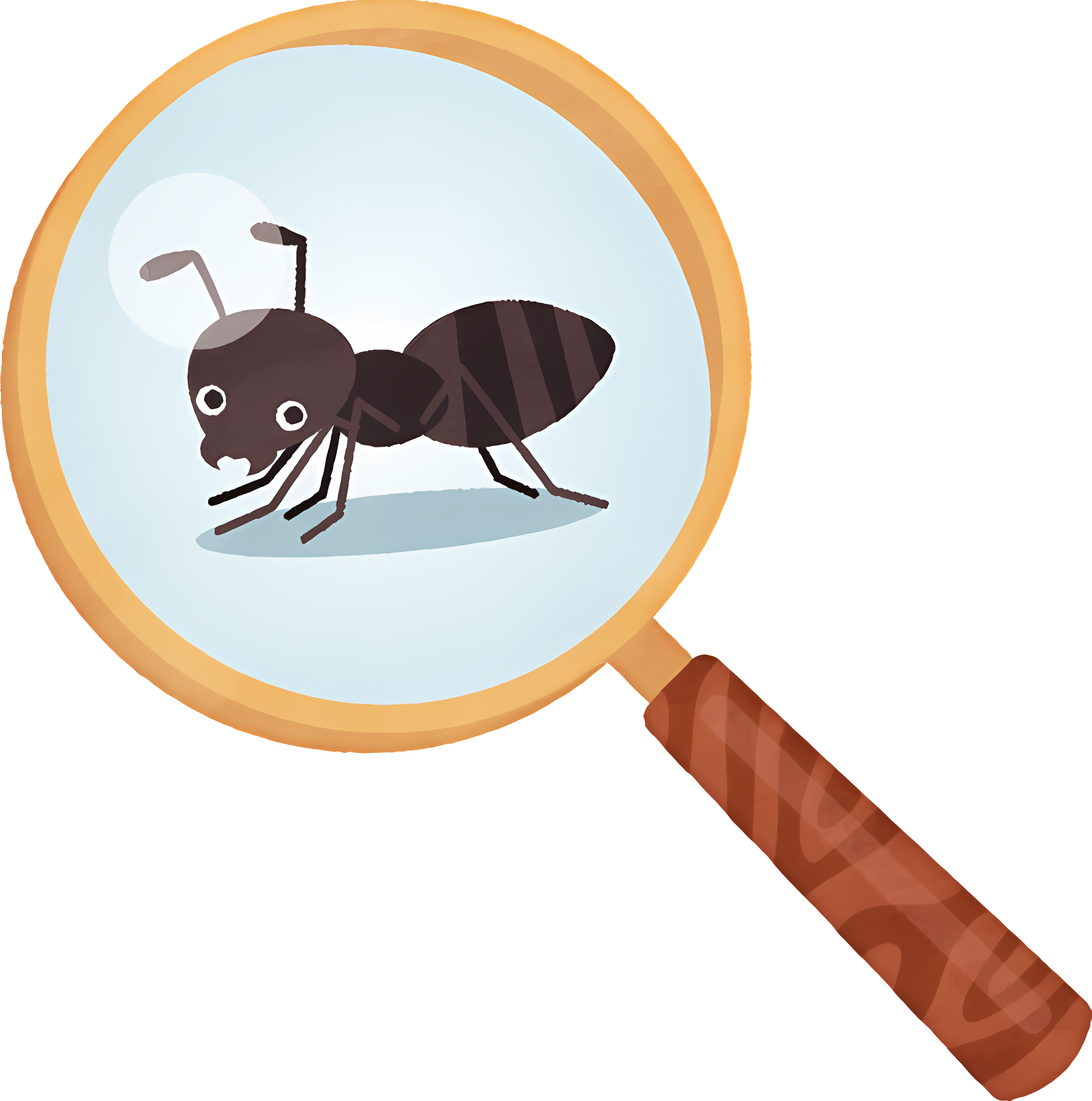 Magnifying glass with detailed ant, black frame Clipart
