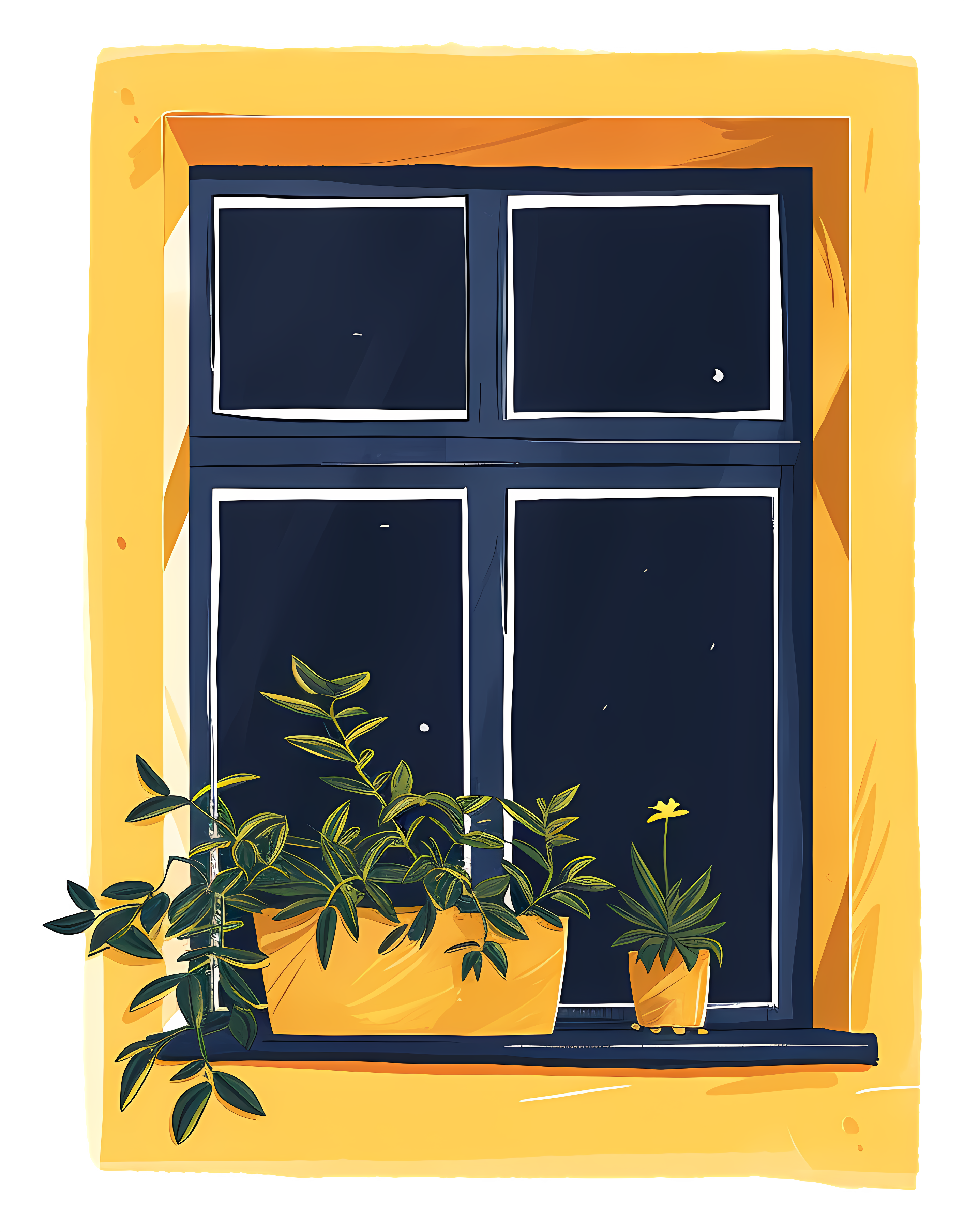 Open window with plants, city view at night Clipart