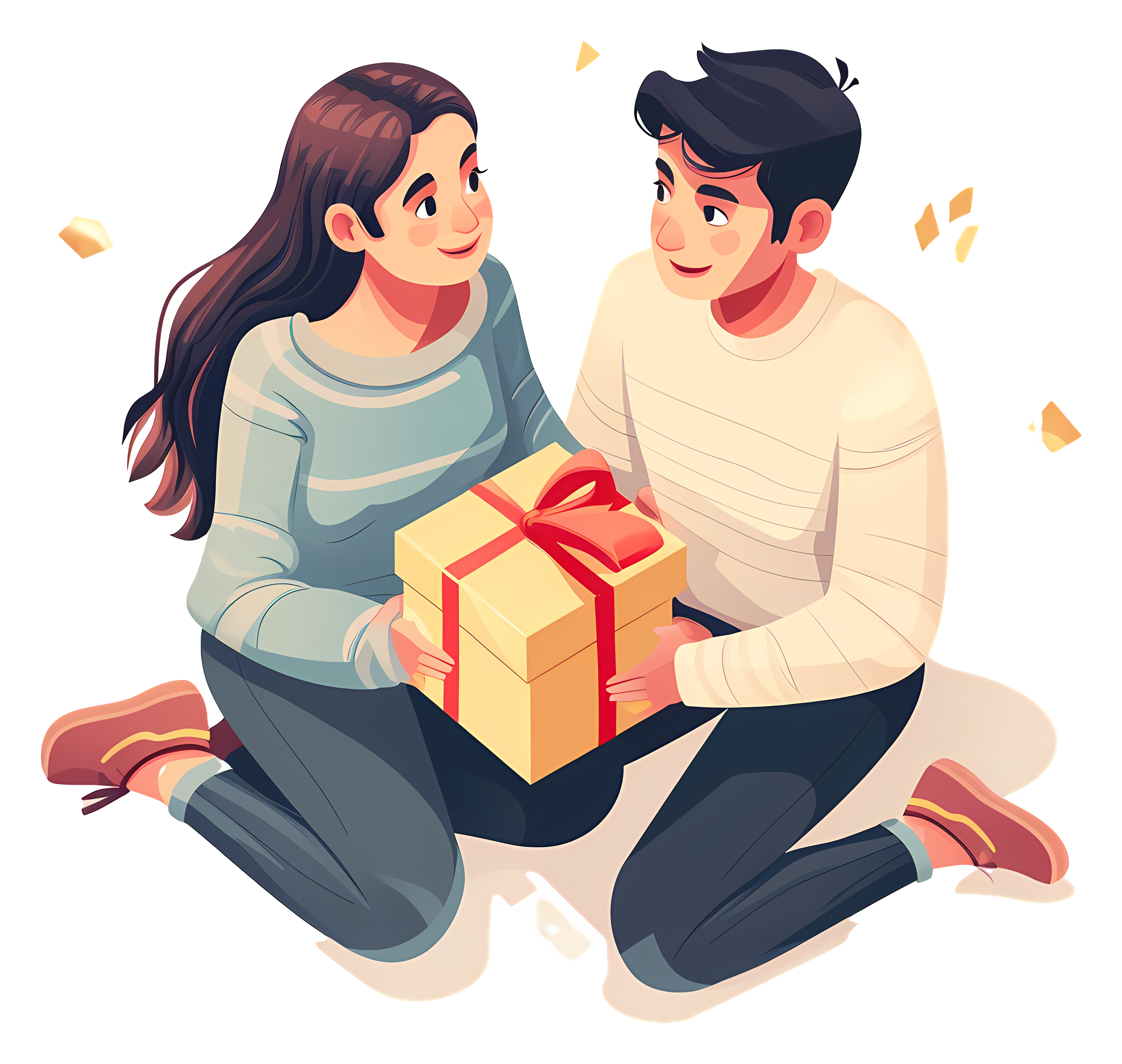 Man and woman happy with gift in messy room Clipart