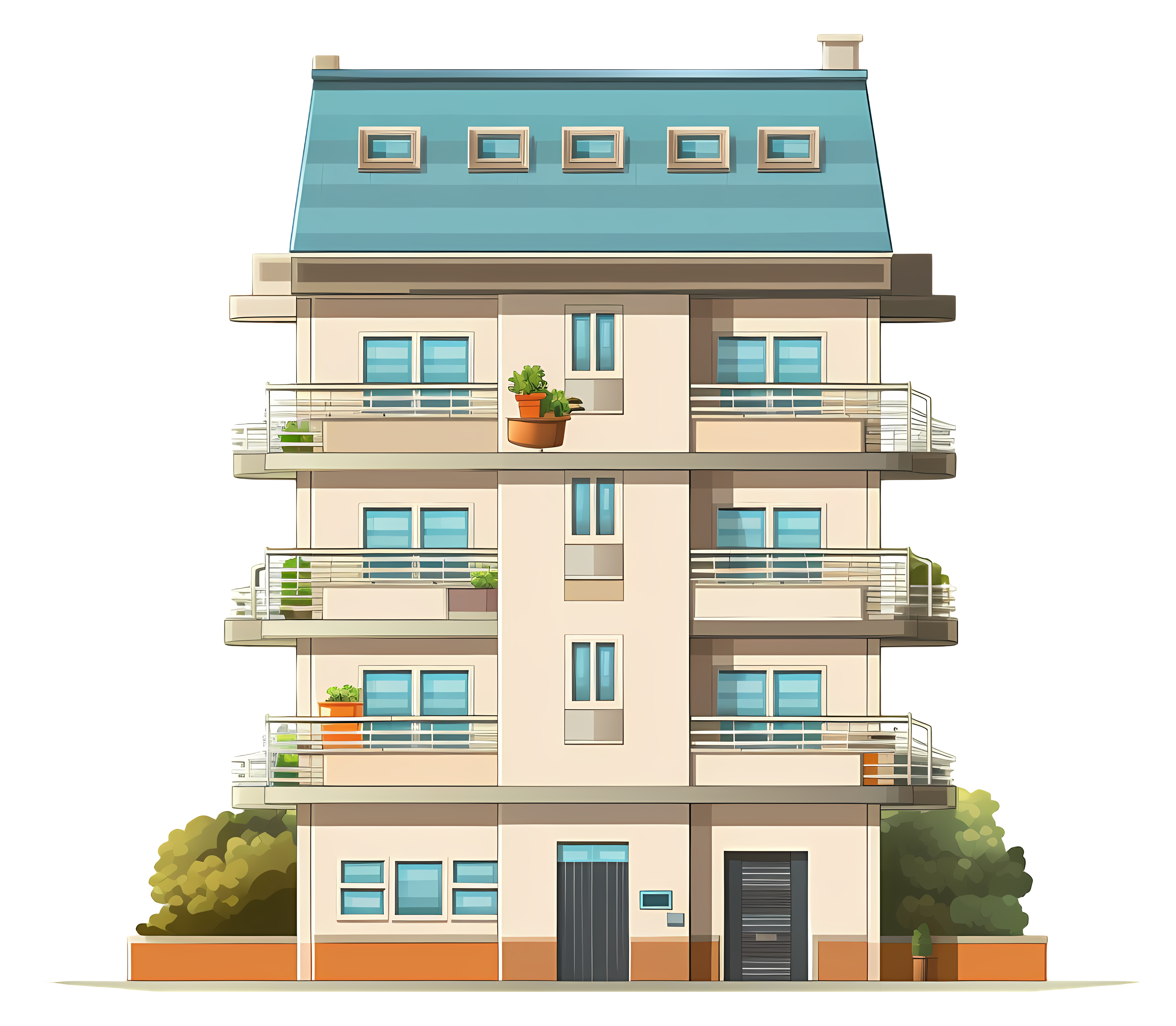Realistic high-rise apartment building with blue roof Clipart