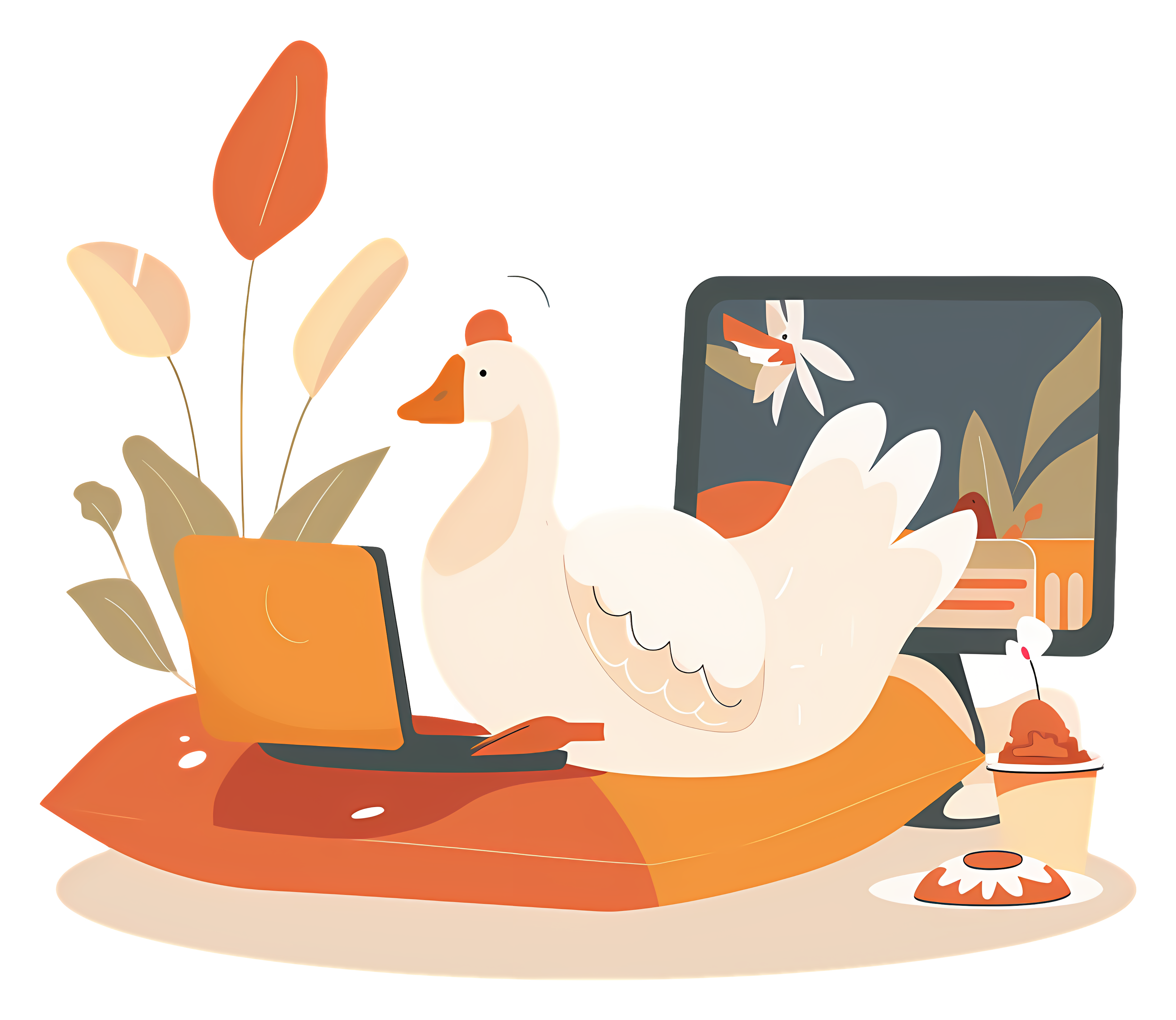 White duck with book on pillow, laptop, plants Clipart