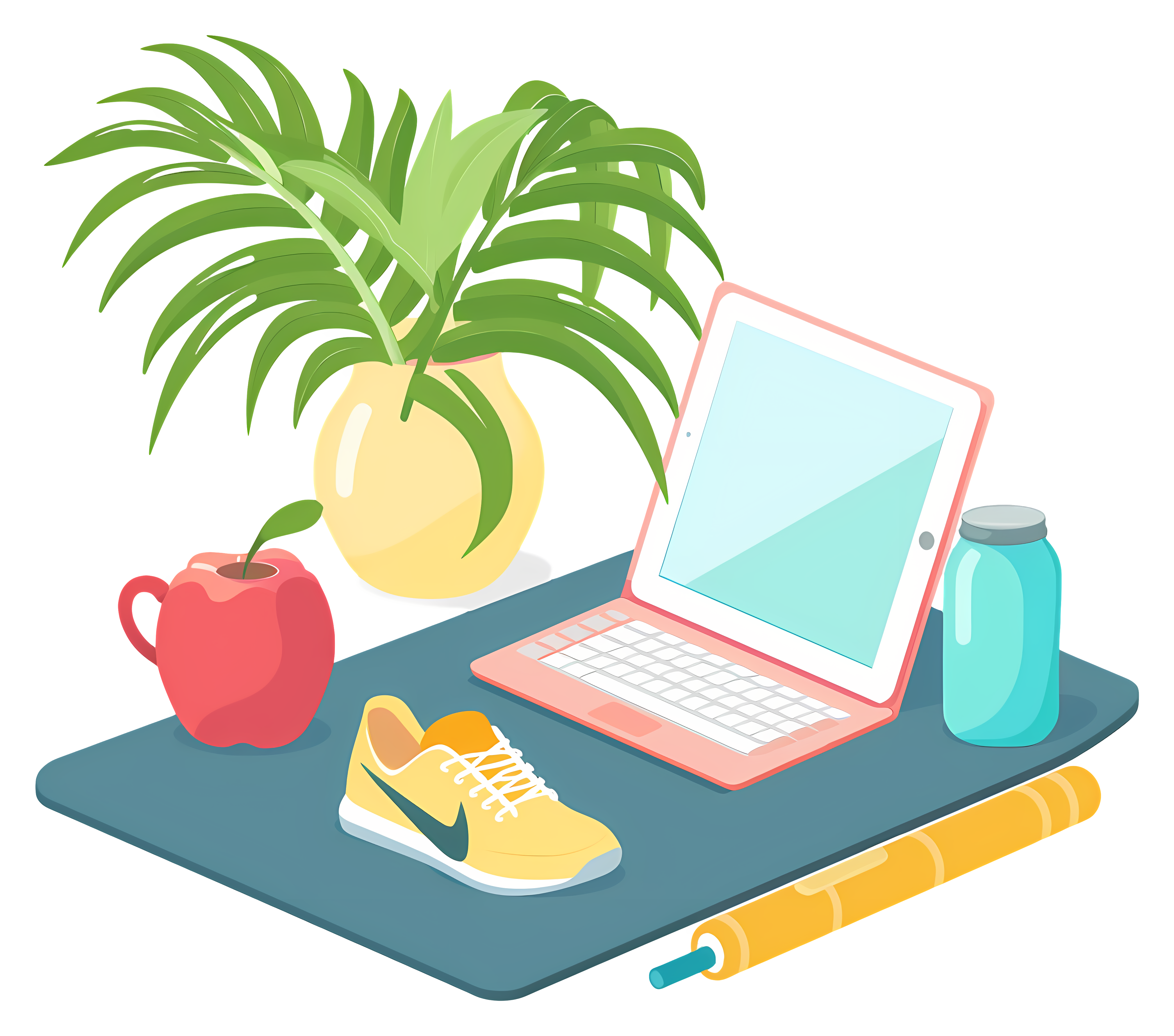 Person at desk with laptop, shoes, apple Clipart