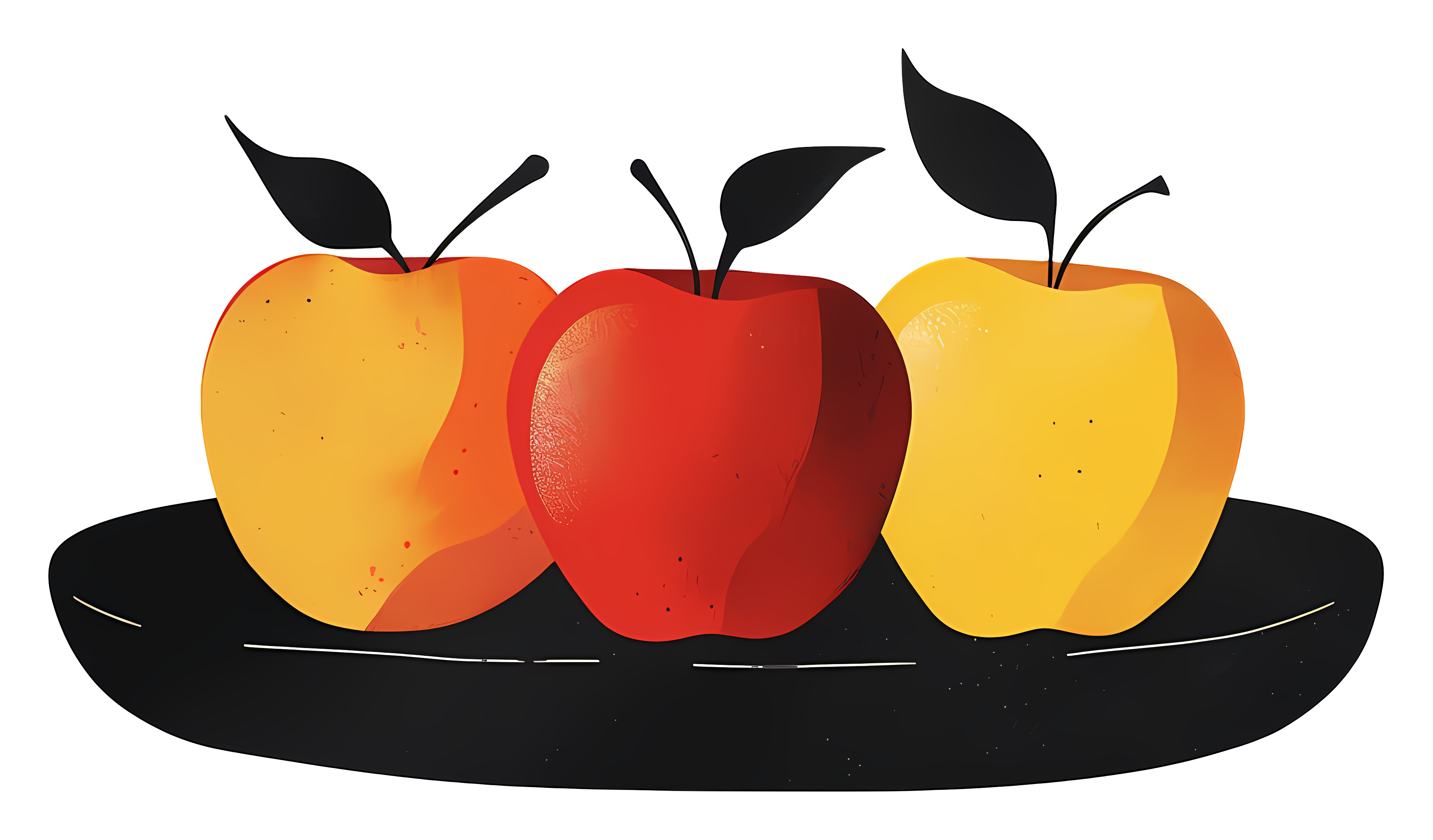 Three apples on black plate, flat design Clipart