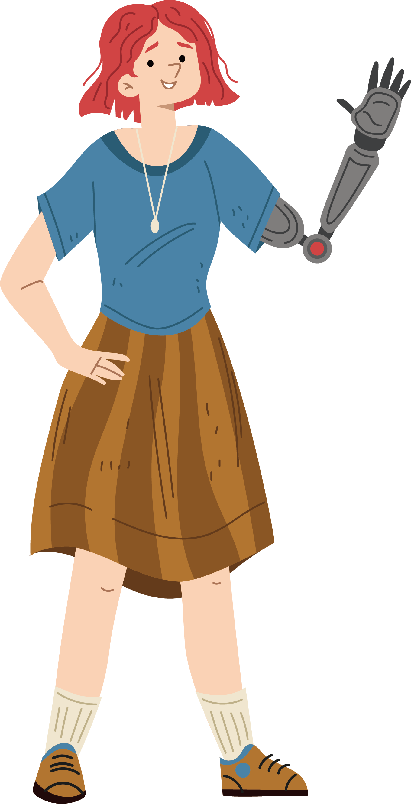 Red-haired girl with robotic arm poses Clipart