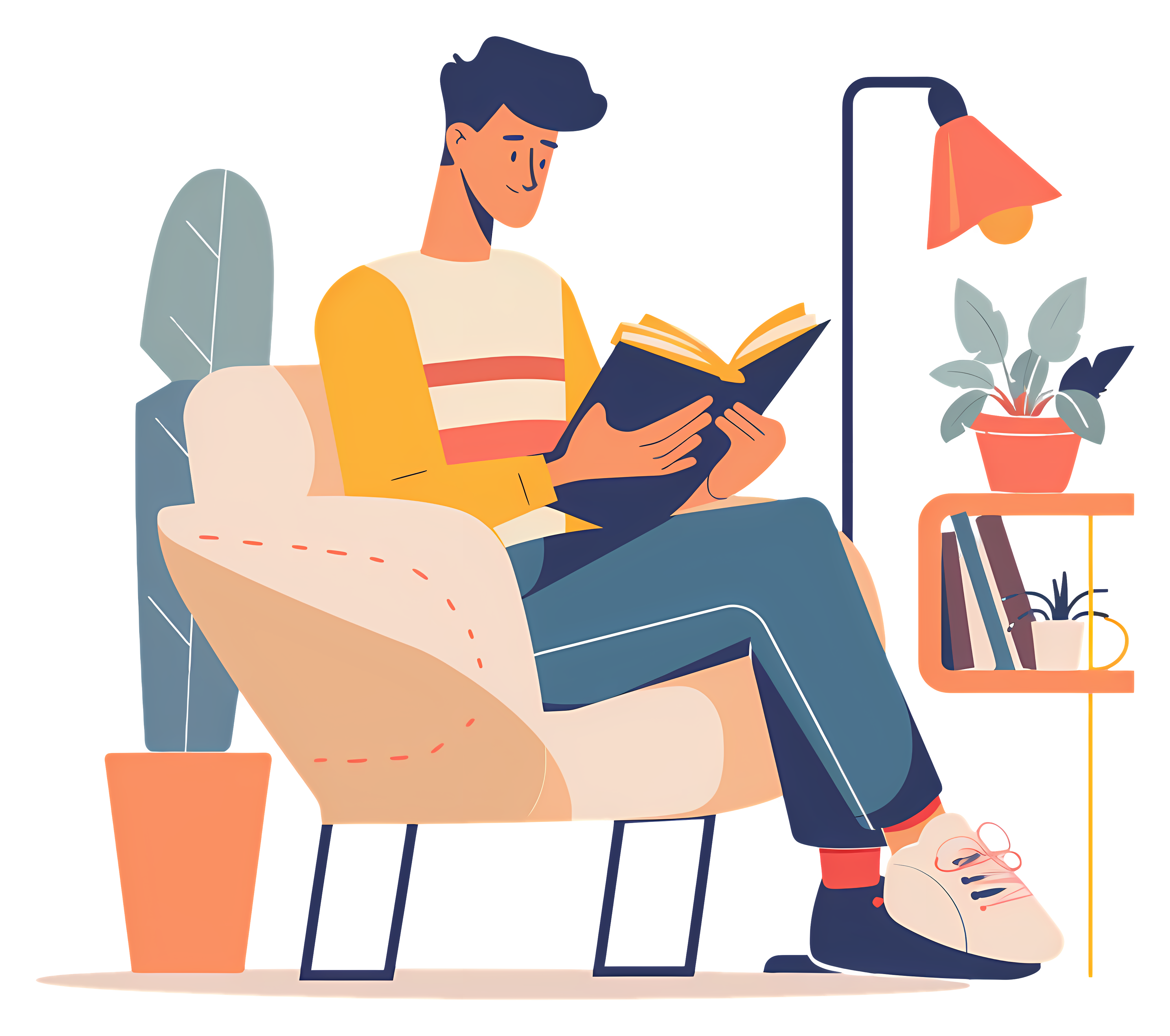 Young man in armchair reading book, cozy room Clipart