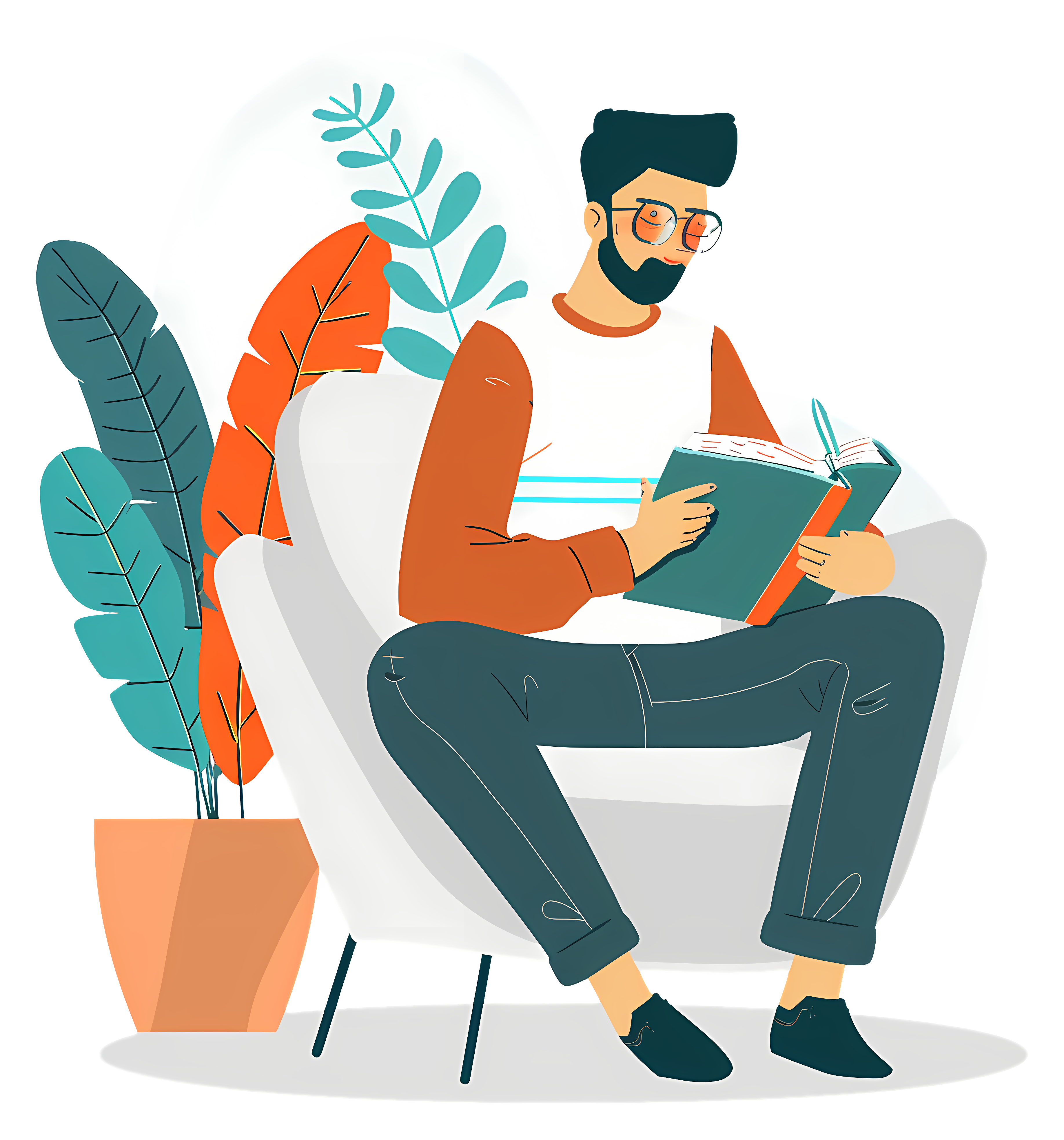 Man reading book in chair, plants nearby Clipart