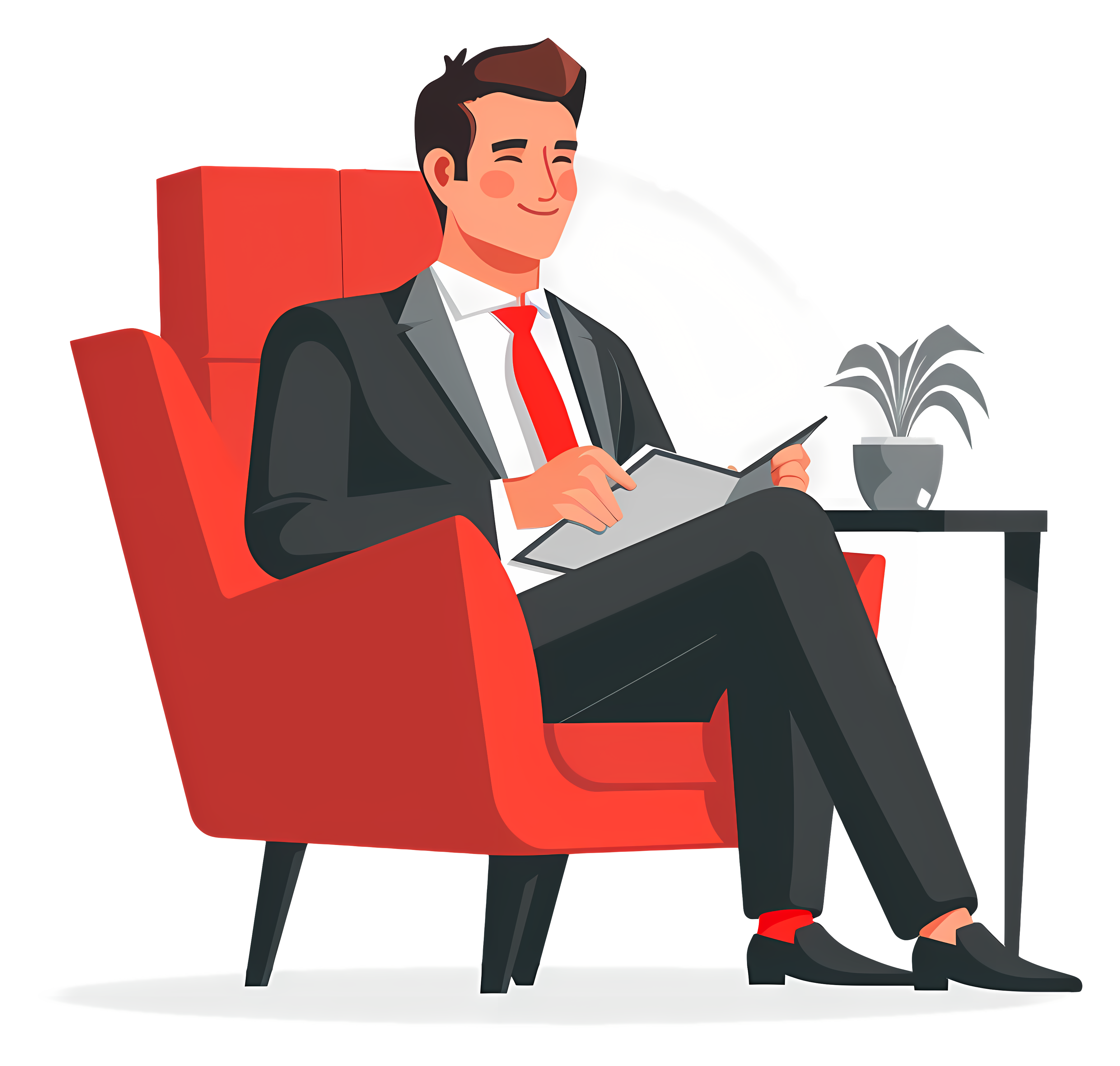 Man in suit sitting in armchair reading document Clipart
