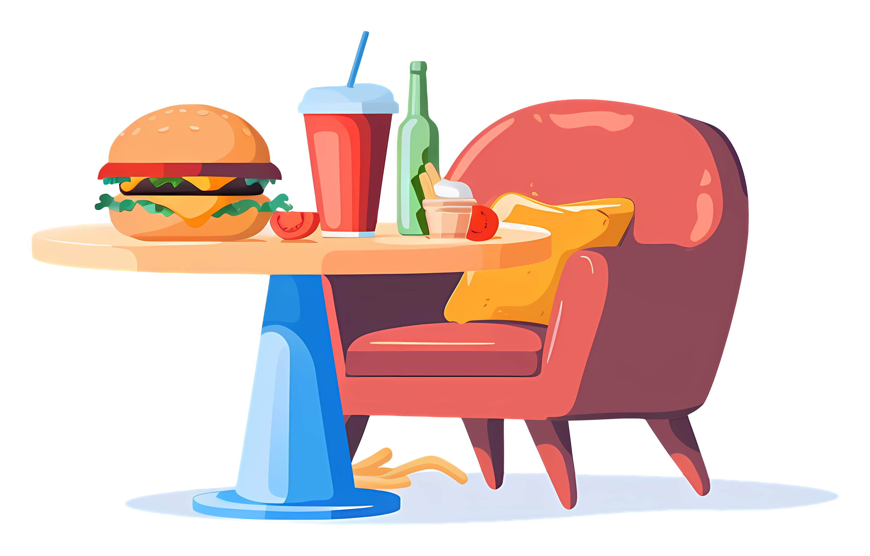 Red armchair, table with food and drinks Clipart