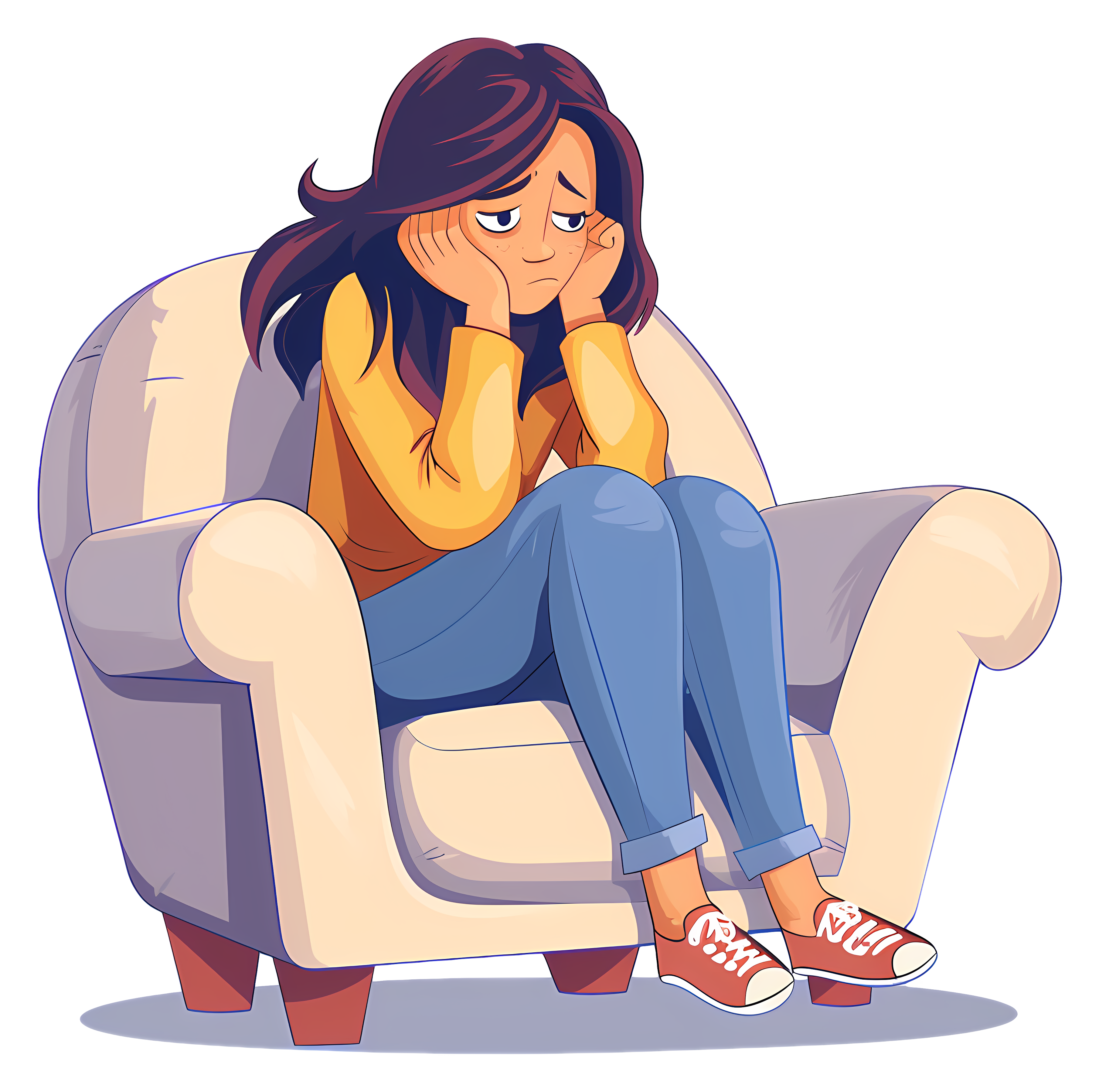 Woman in jeans, sitting on armchair seriously Clipart