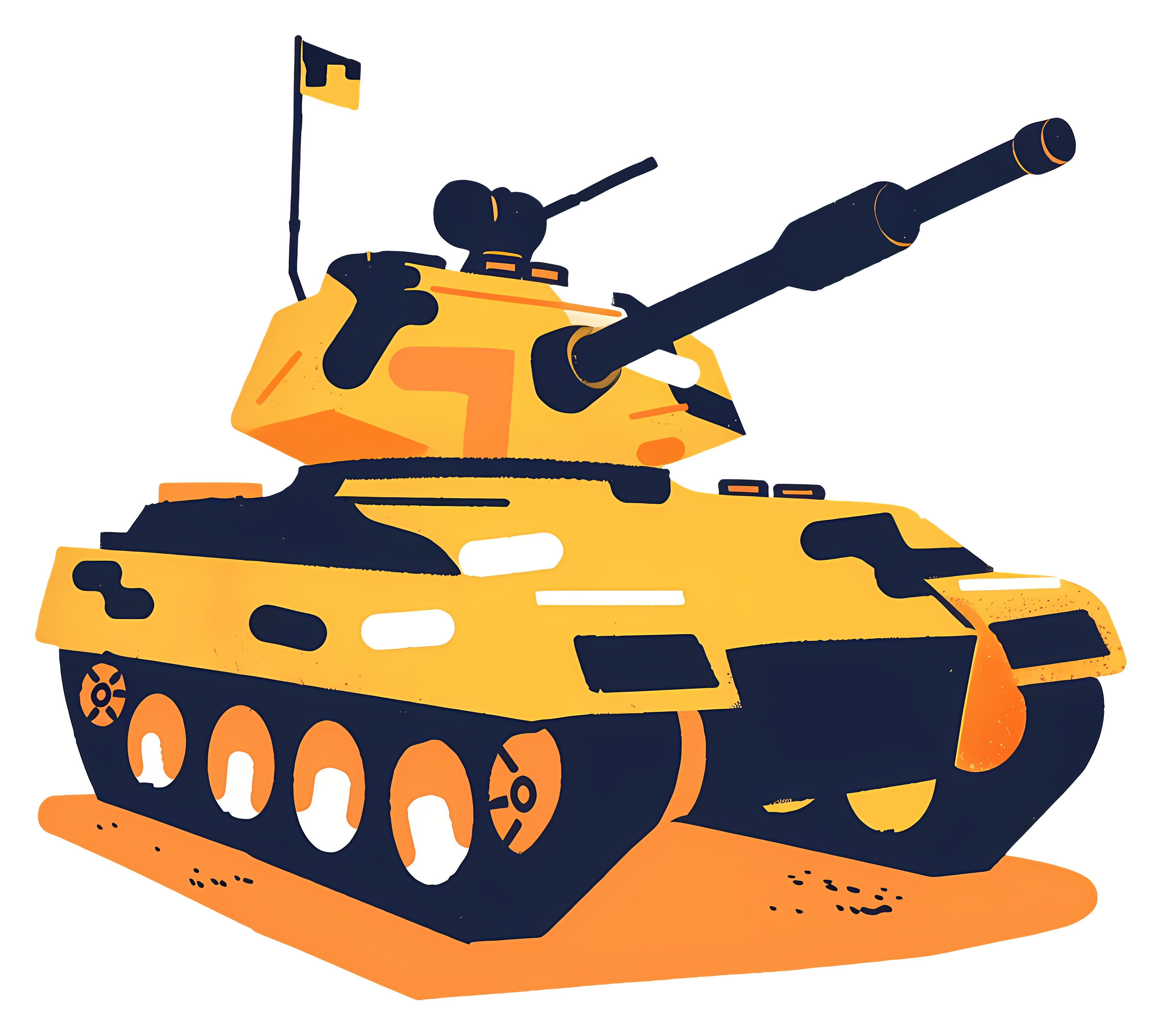 Yellow tank with guns, red flag, military position Clipart