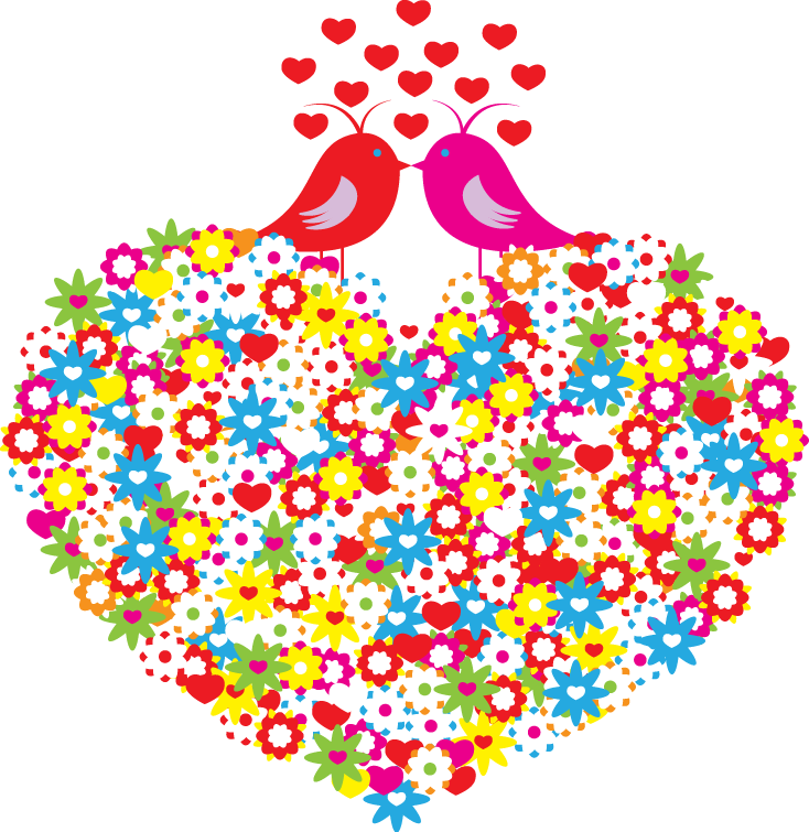 And Heart-Shaped Pattern Flowers Birds Hand-Painted Clipart