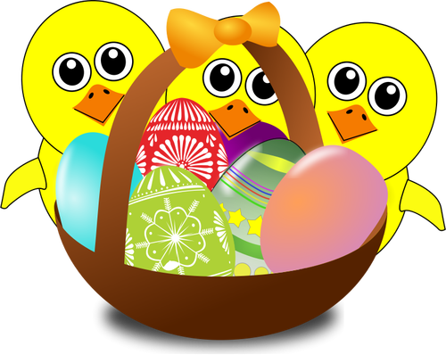 Cartoon Chicks With Easter Eggs In A Basket Clipart