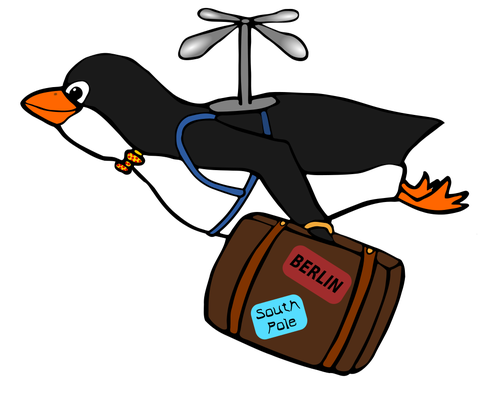 Penguin Flying With A Suitcase Illustration Clipart