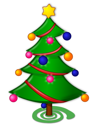 Christmas Tree With Ornaments And Red Ribbon Clipart
