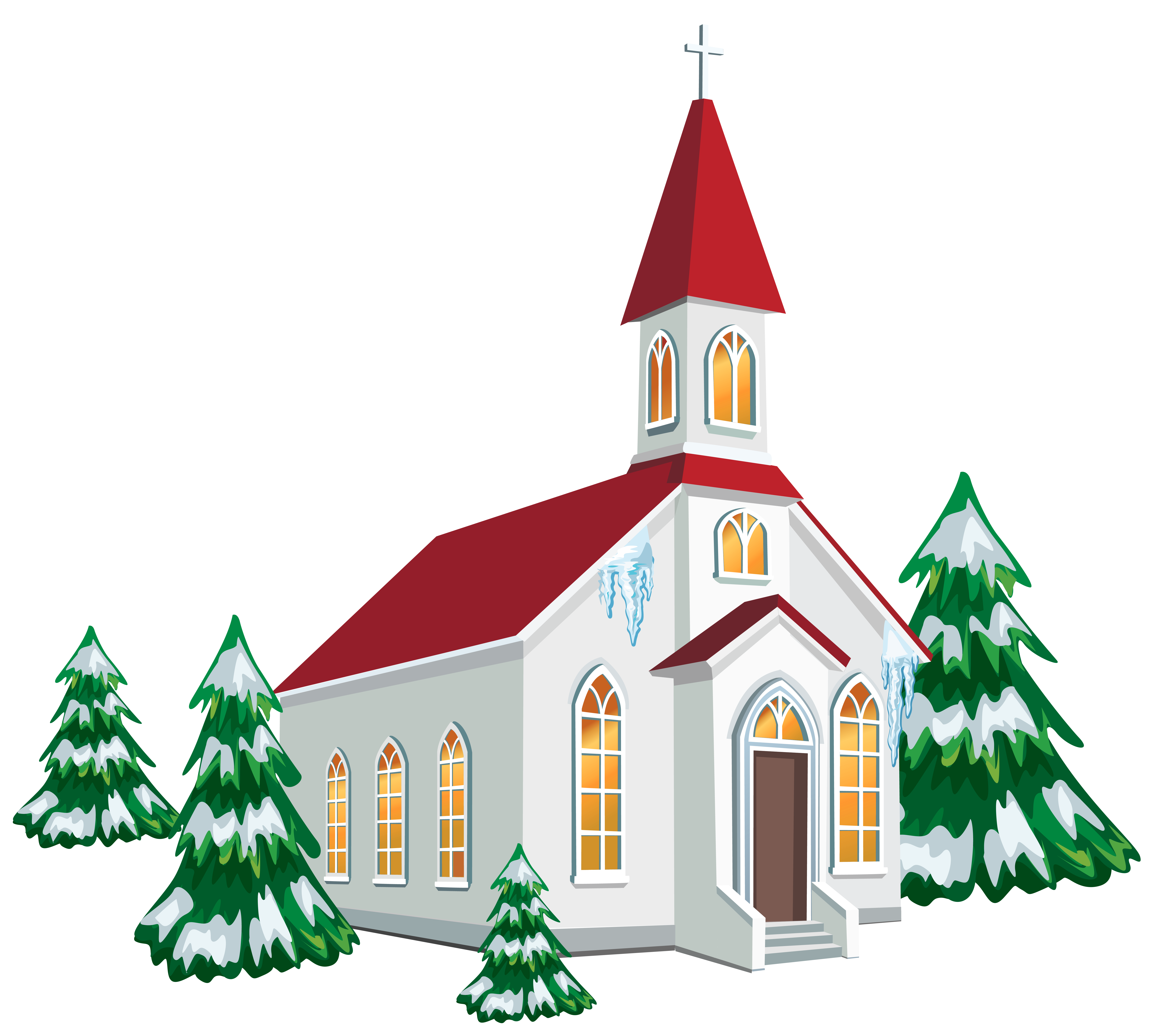 Winter Service Snow Trees Church With Christmas Clipart