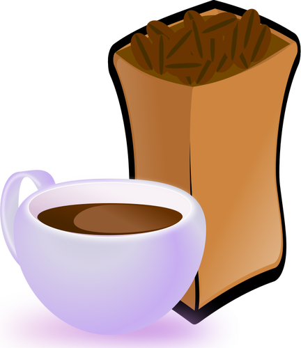 Of Purple Cup Of Coffee With Sack Of Coffee Beans Clipart