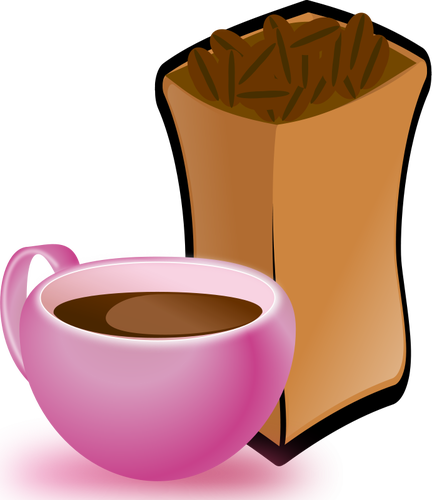 Of Pink Cup Of Coffee With Sack Of Coffee Beans Clipart